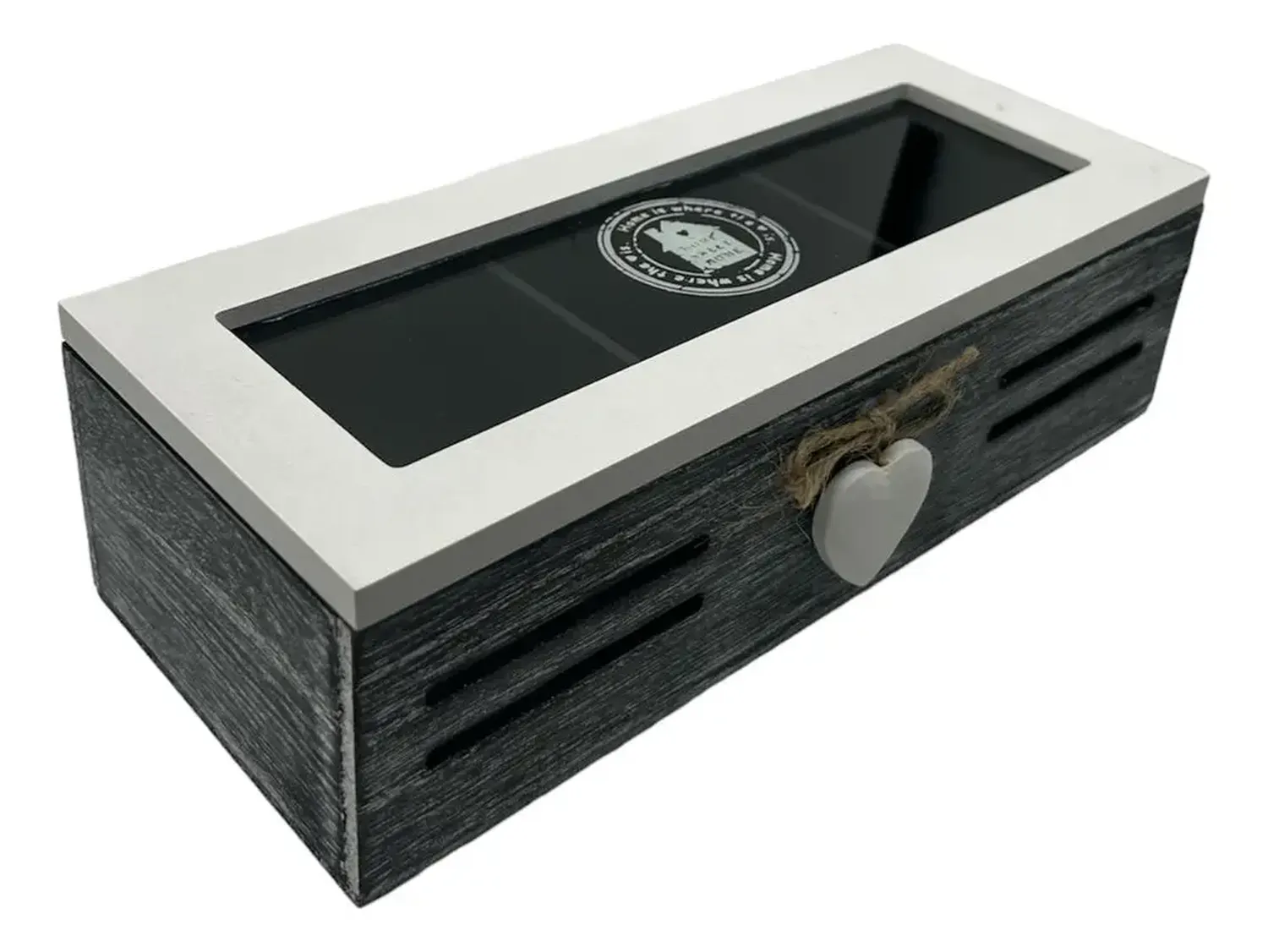 Caja De Té Mediana De Madera 3 Espacios Con Corazon Negro-0