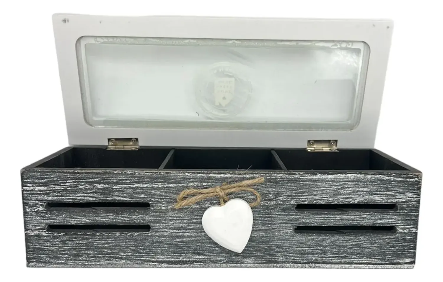 Caja De Té Mediana De Madera 3 Espacios Con Corazon Negro-1