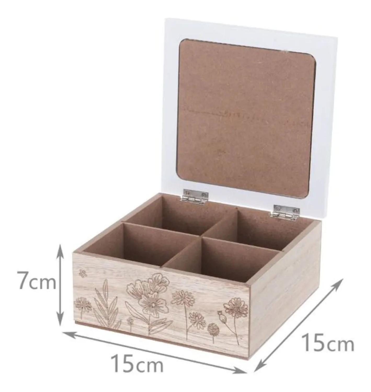 Caja De Té Mediana De Madera 4 Espacios Diseño Flores Beige-2