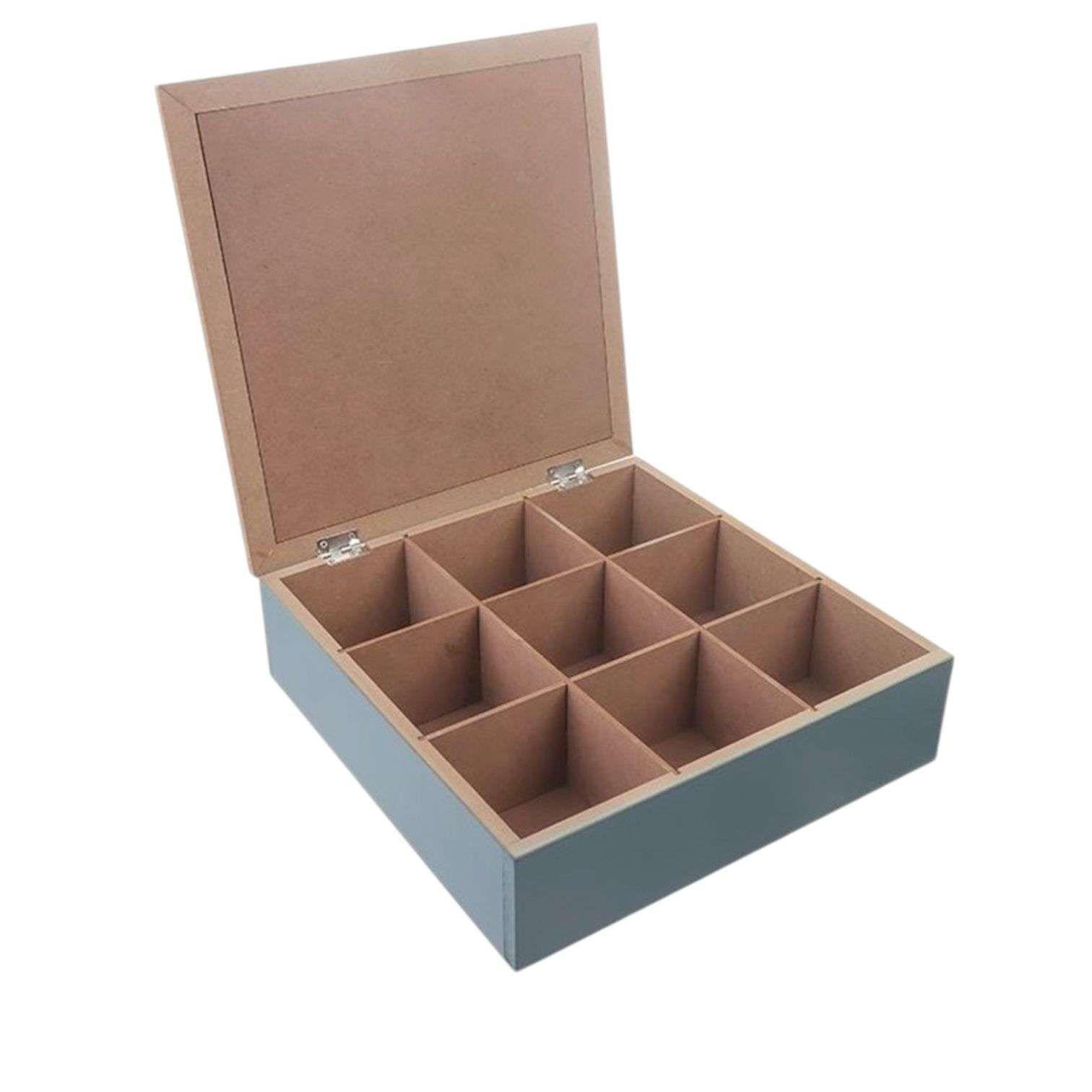 Caja De Té Mediana De Madera 9 Espacios Azul-2