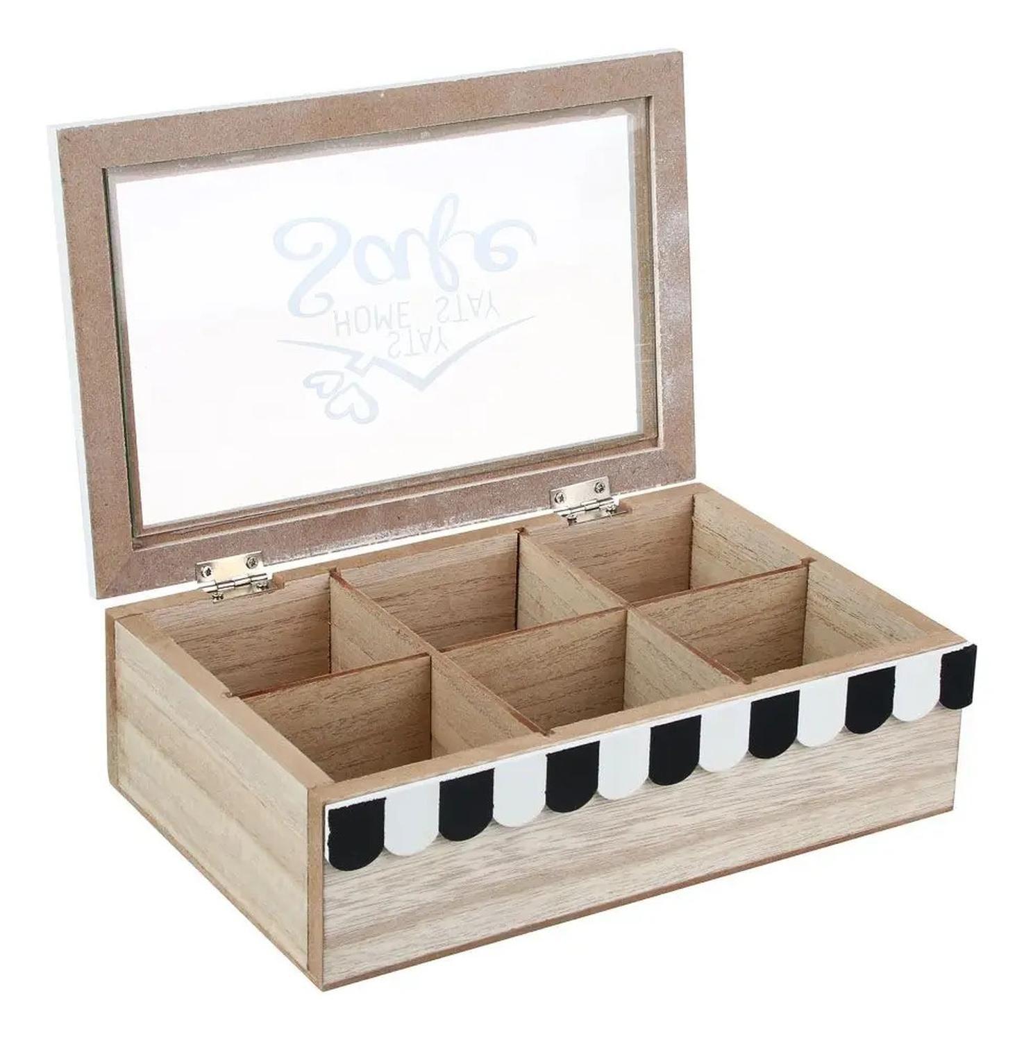 Caja De Té Mediana De Madera 6 Espacios Con Home Safe Blanco-1