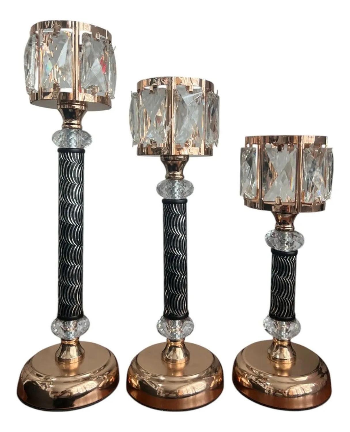 Pack 3 Porta Vela Candelabro Decorativo Elegante Diseño Dorado-0