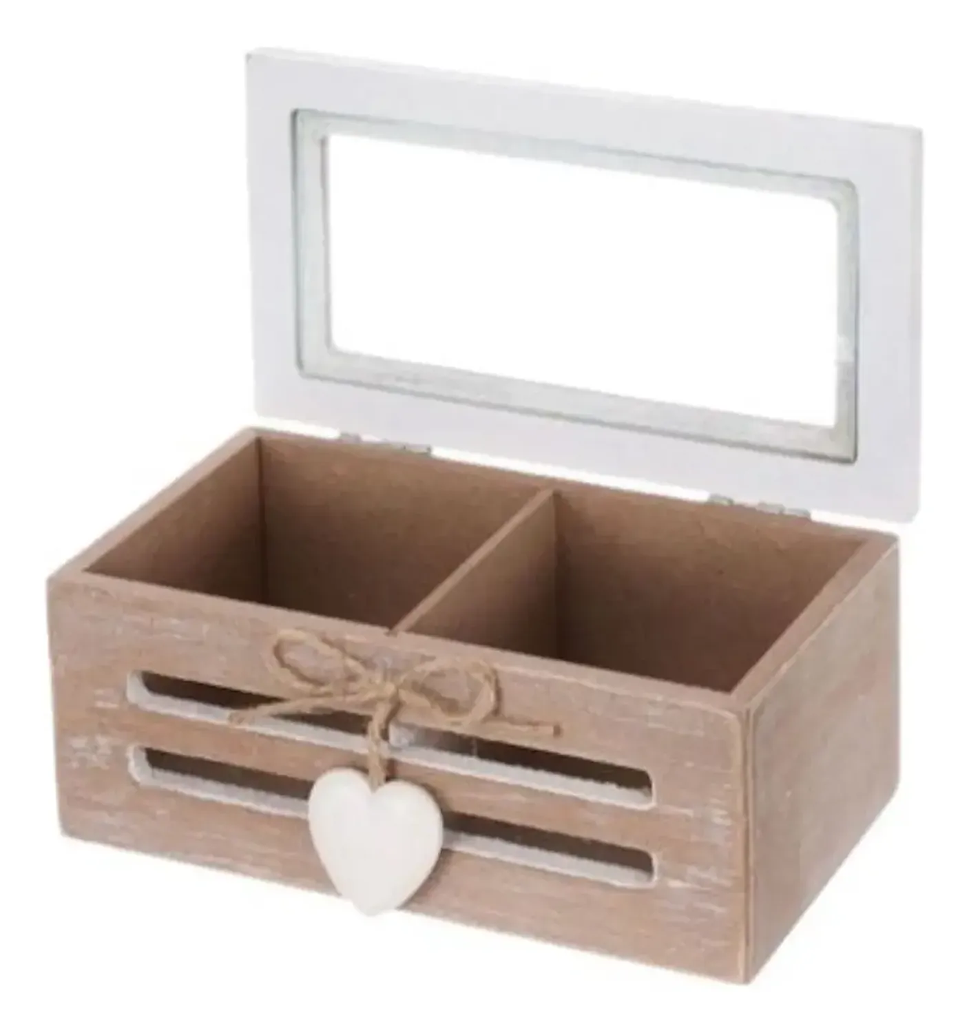 Caja De Té Mediana De Madera 2 Espacios Corazon Beige-0
