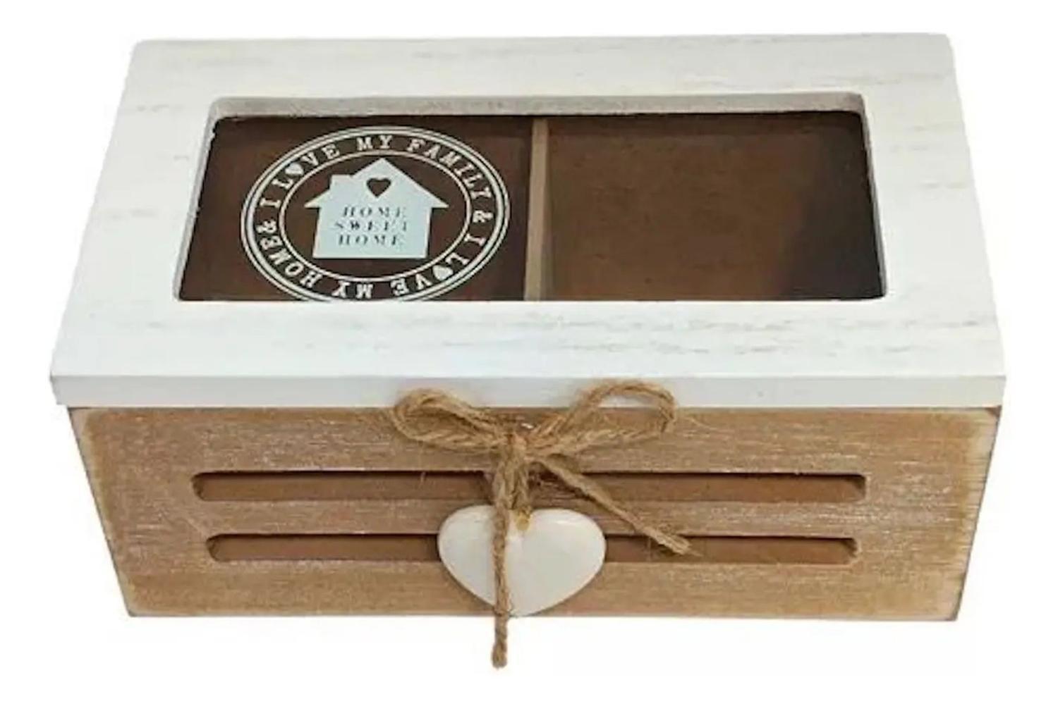 Caja De Té Mediana De Madera 2 Espacios Corazon Beige-2