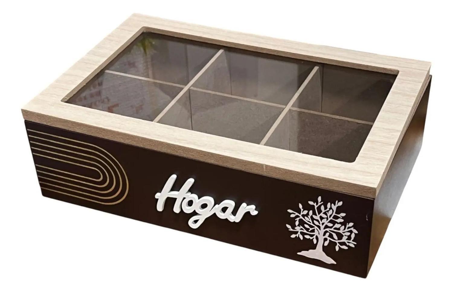 Caja De Té Mediana De Madera 6 Espacios Con Diseños Arbol Beige-0