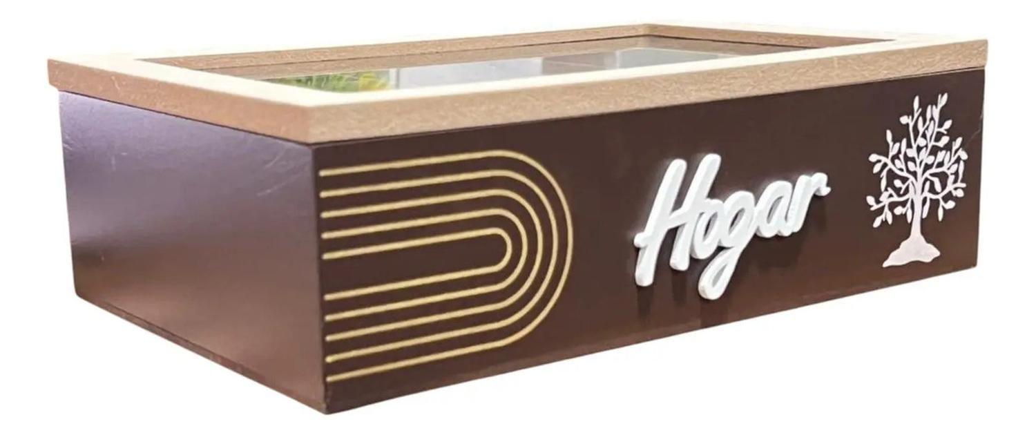 Caja De Té Mediana De Madera 6 Espacios Con Diseños Arbol Beige-1