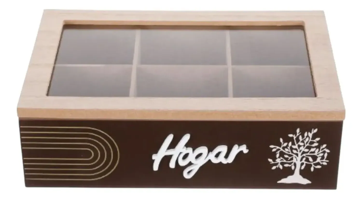 Caja De Té Mediana De Madera 6 Espacios Con Diseños Arbol Beige-2