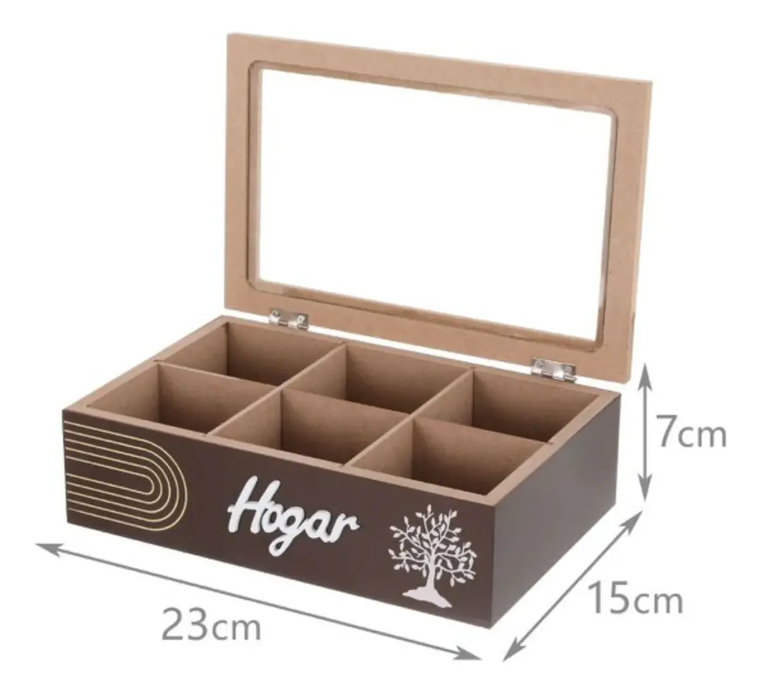 Caja De Té Mediana De Madera 6 Espacios Con Diseños Arbol Beige-3