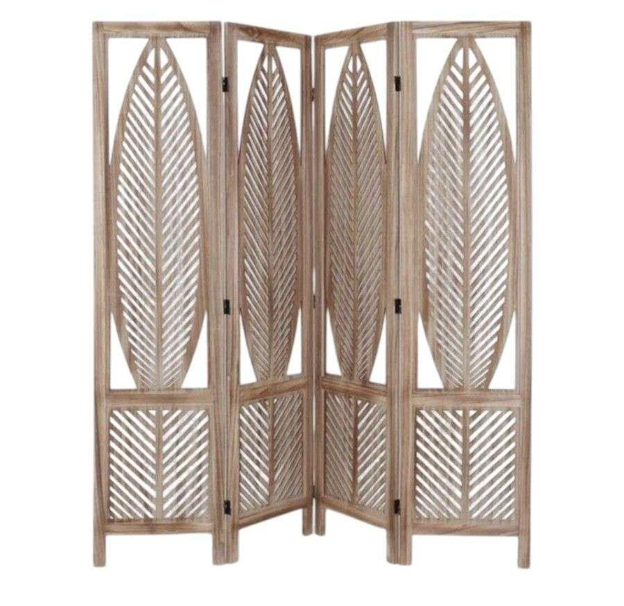 Biombo De Madera Resistente 4 Paneles Diseño Hoja 40x170cm-0