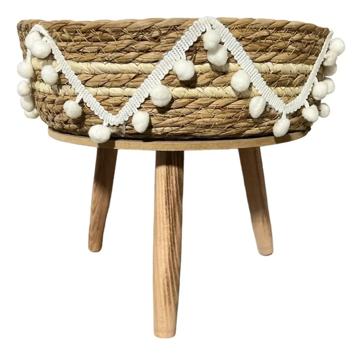 Macetero Cesto Canasto Maceta De Mimbre Tejida Pompon G Beige-0