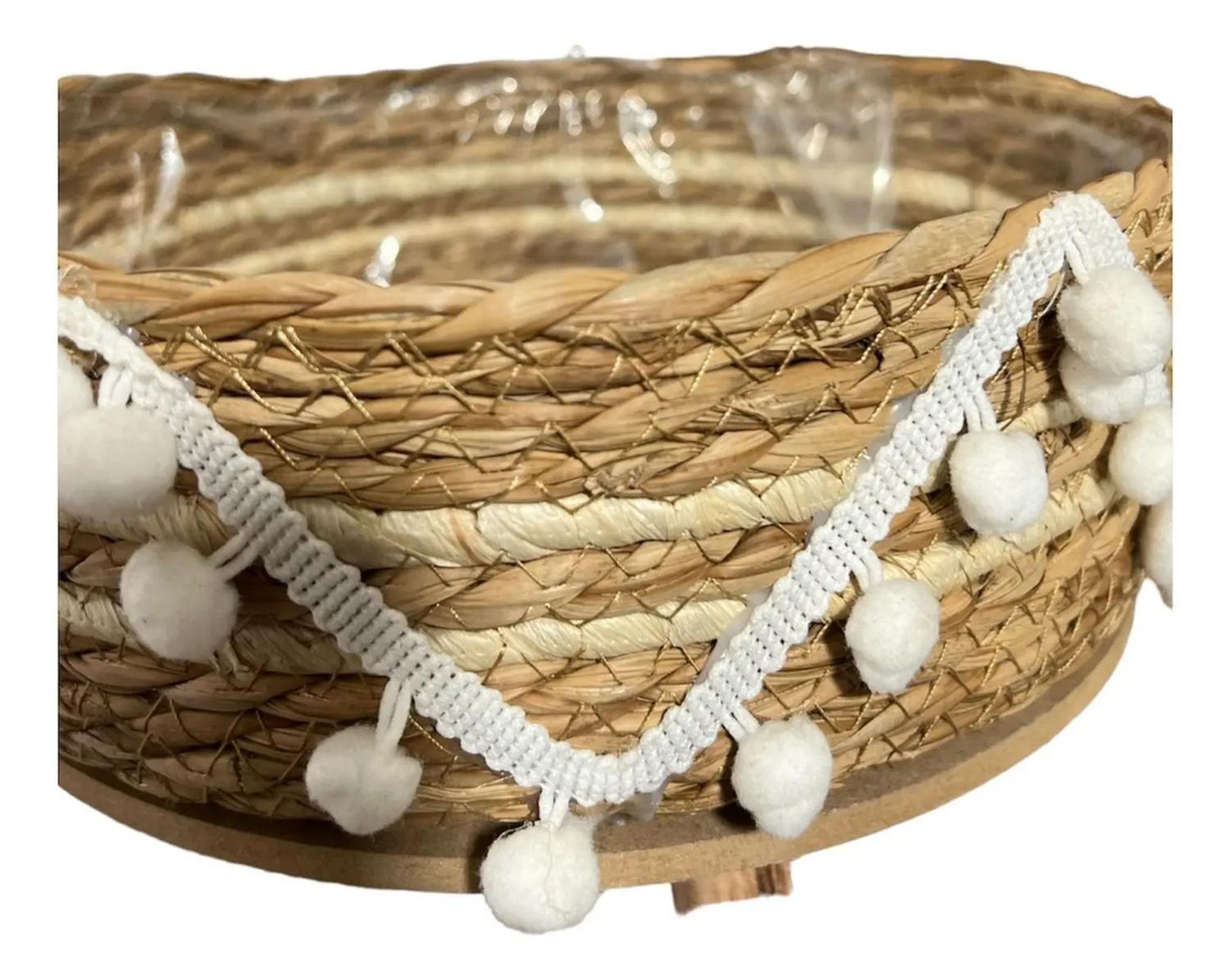 Macetero Cesto Canasto Maceta De Mimbre Tejida Pompon G Beige-1
