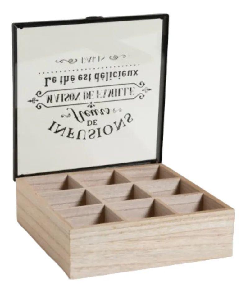 Caja De Té Mediana De Madera 9 Espacios Tapa Transparente-2