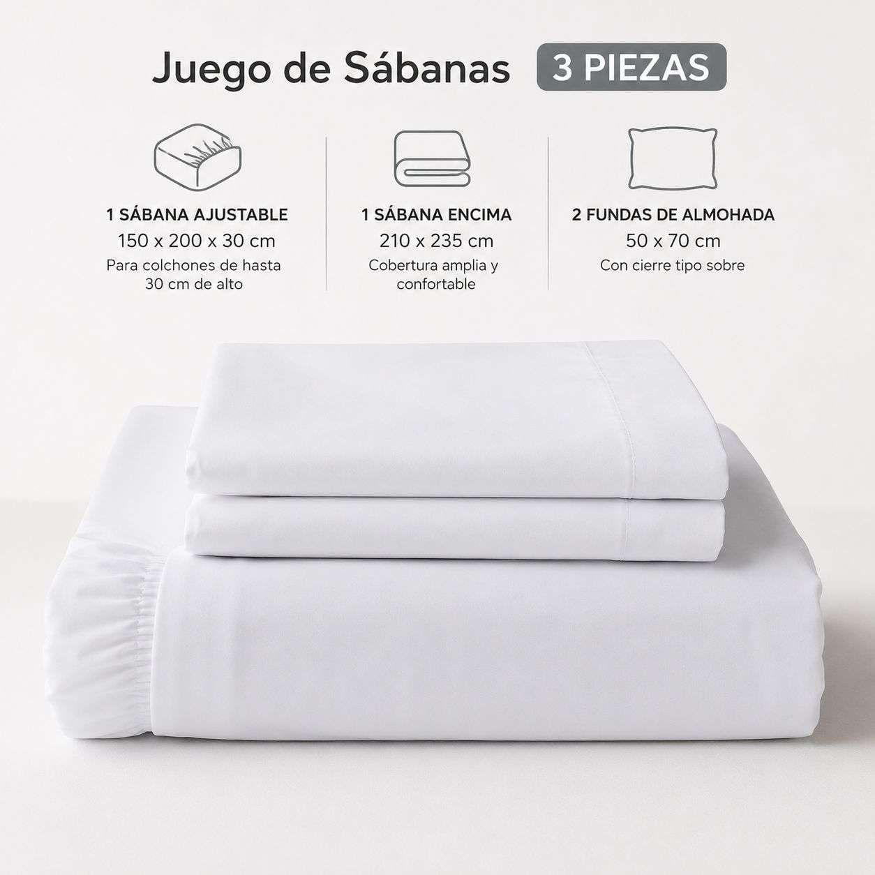 Juego De Sábanas Blanca 2 Plazas 3 Piezas Ajustable Colchón-1