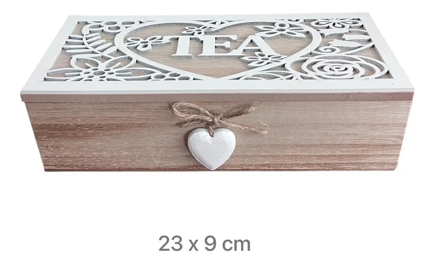 Caja De Té Mediana De Madera 3 Espacios Corazon Colgante-2