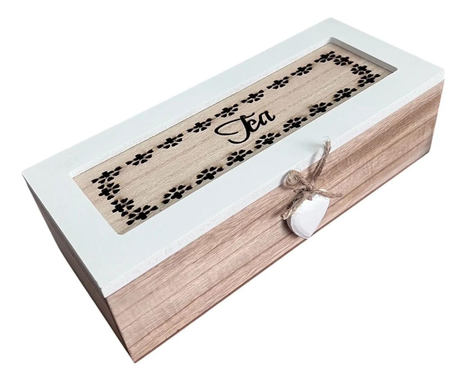 Caja De Té Mediana De Madera 3 Espacios Corazon Colgante-0