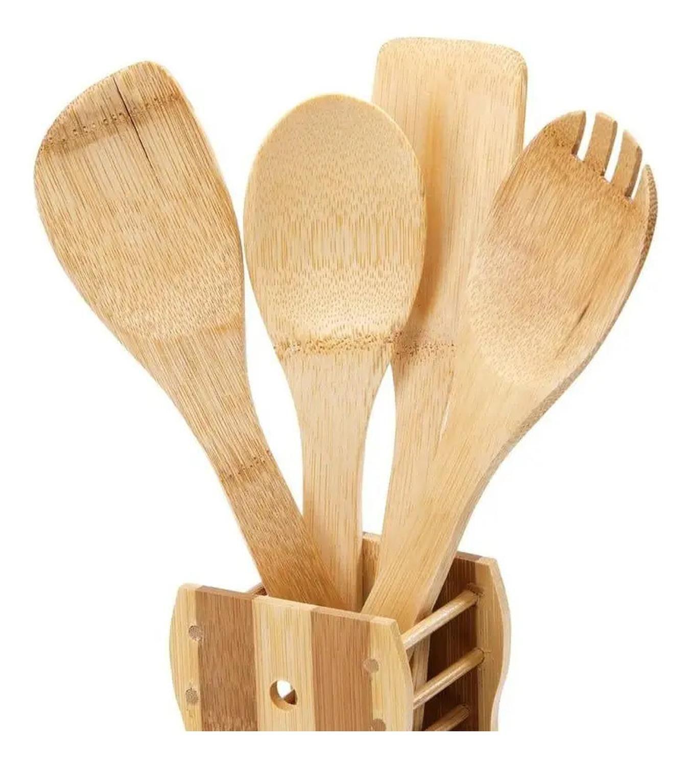 Juego Utensilios Madera Con Soporte Base 4 Piezas Cocina-0
