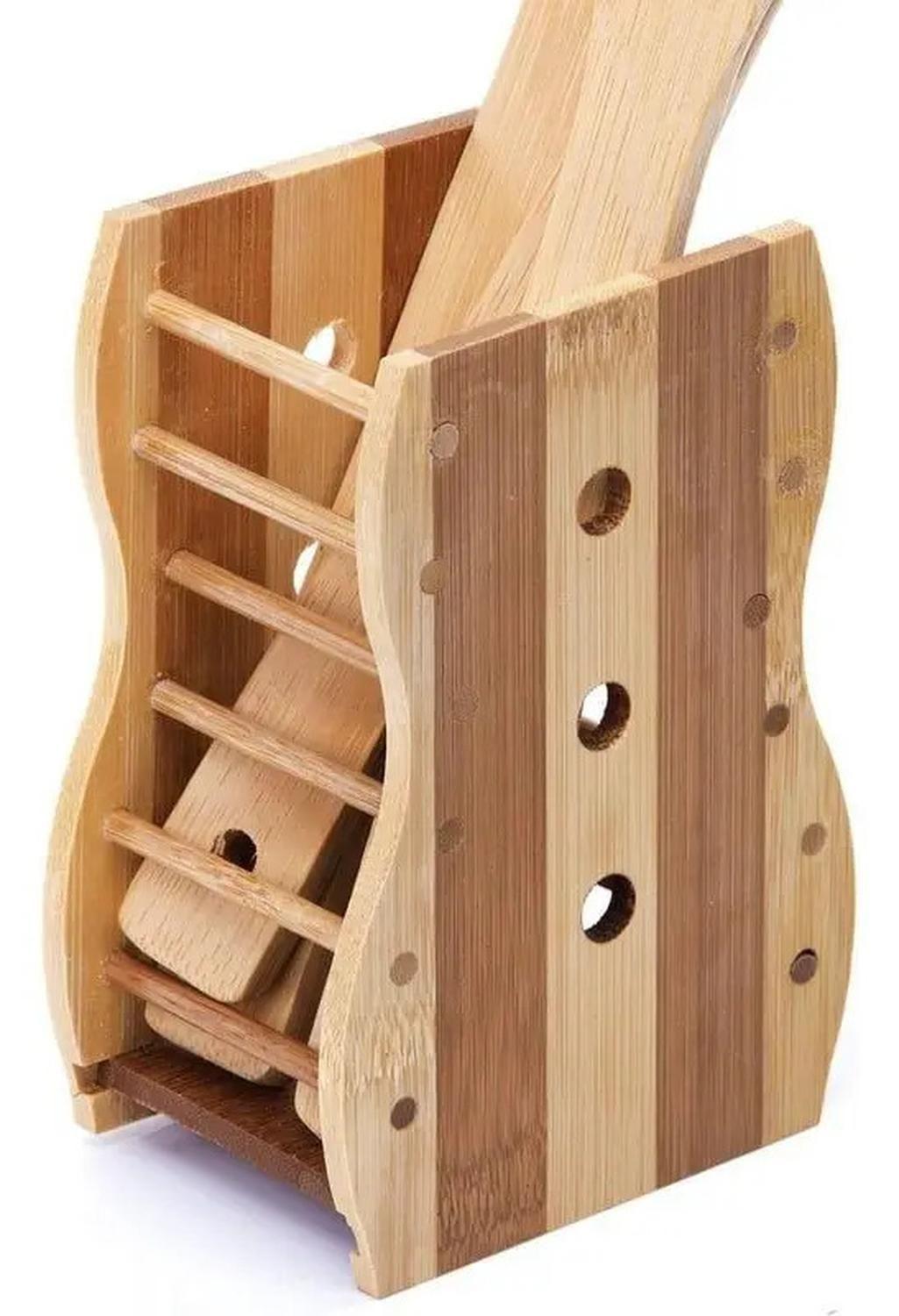Juego Utensilios Madera Con Soporte Base 4 Piezas Cocina-2