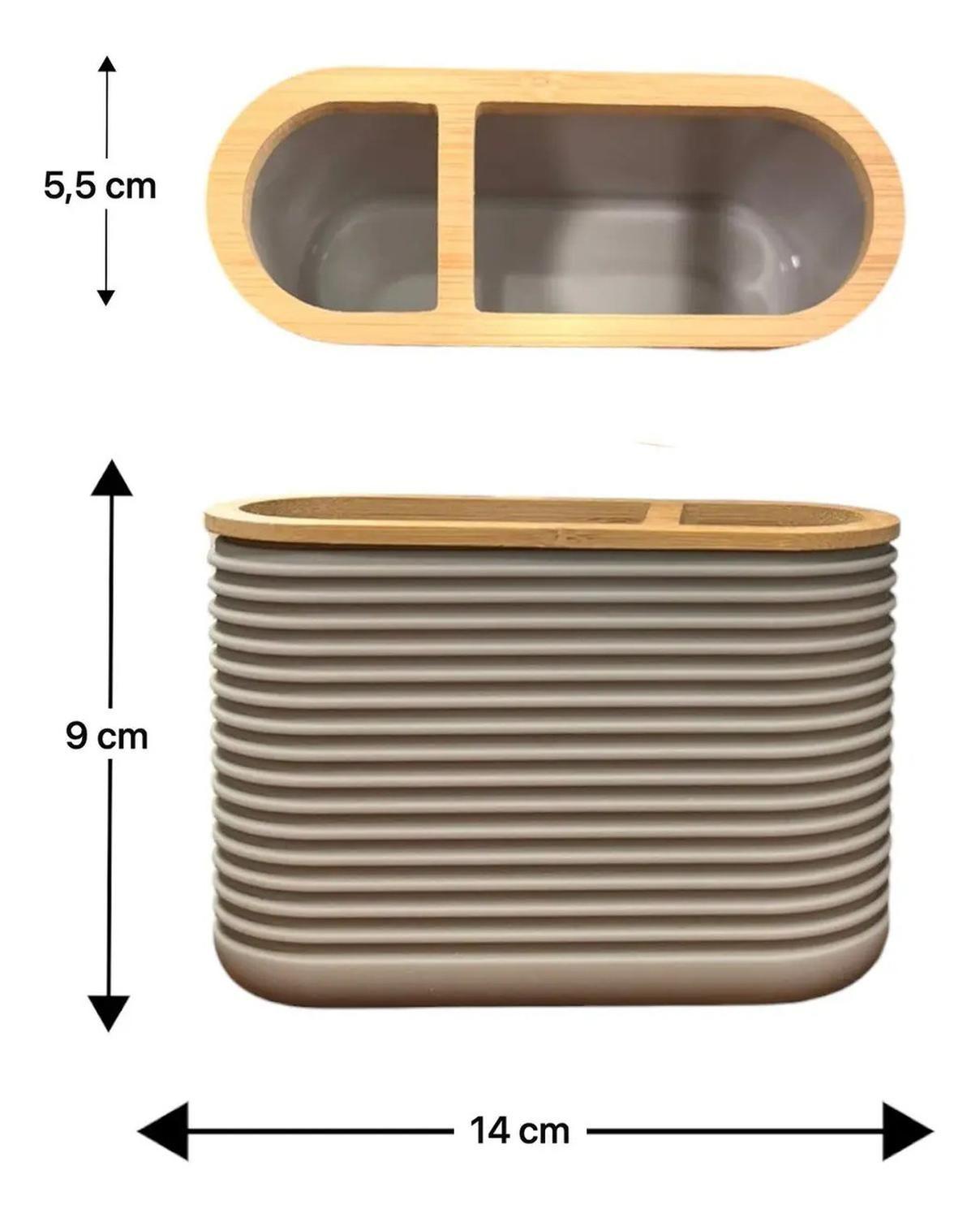 Set De Baño 2 Piezas Bambu Jabon Porta Cepillo Elegante Crema-4