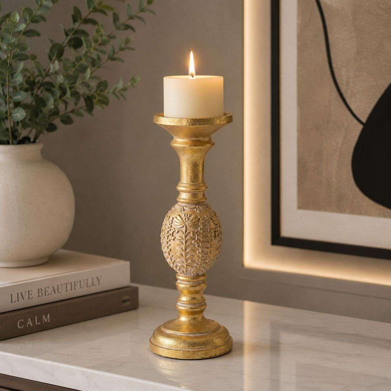 Porta Vela Candelabro Decorativo Elegante Dorado Flor 30cm-2
