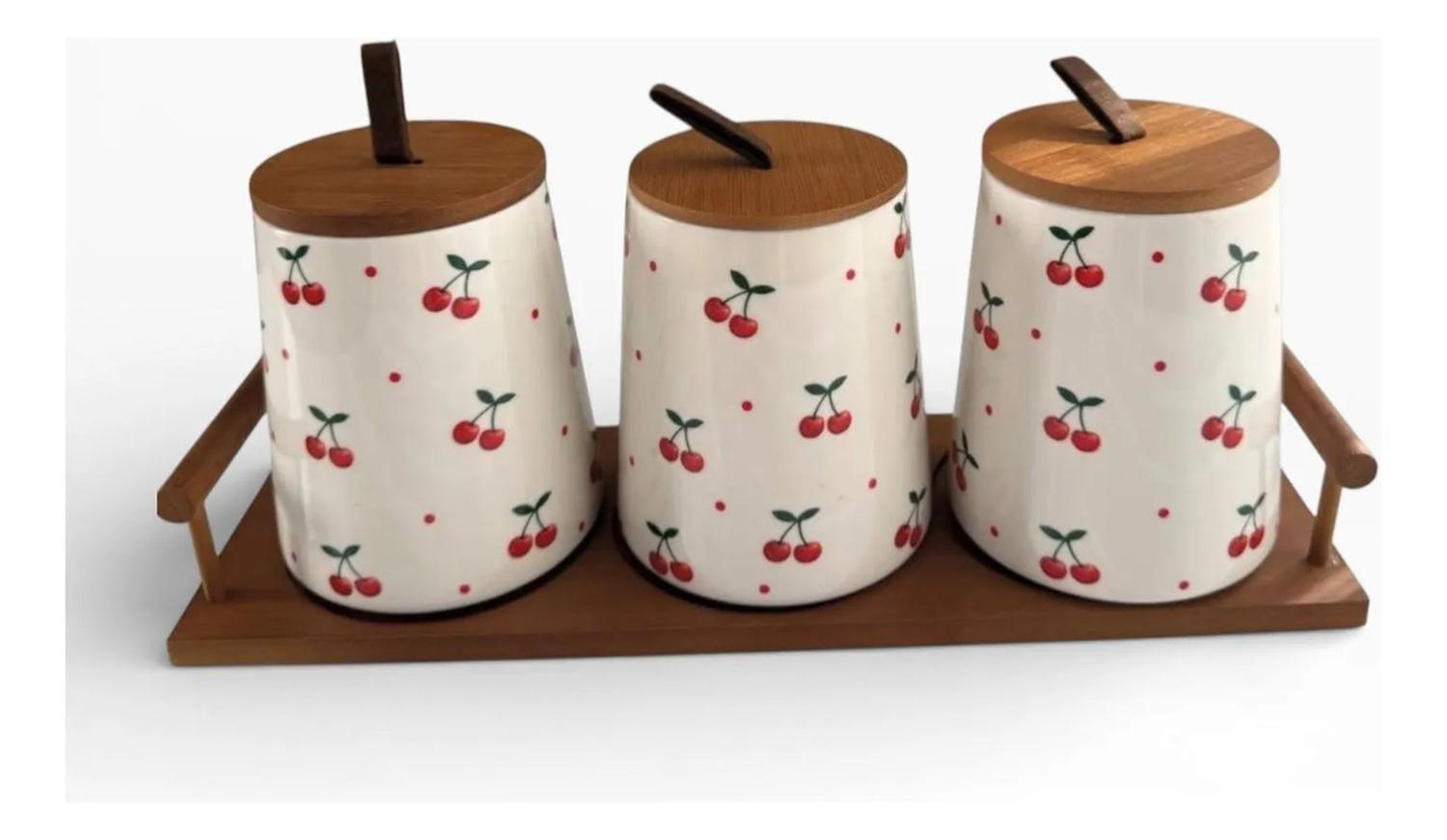 Set 3 Frascos Hermeticos De Ceramico Con Tapa Cerezas 15cm Beige-1