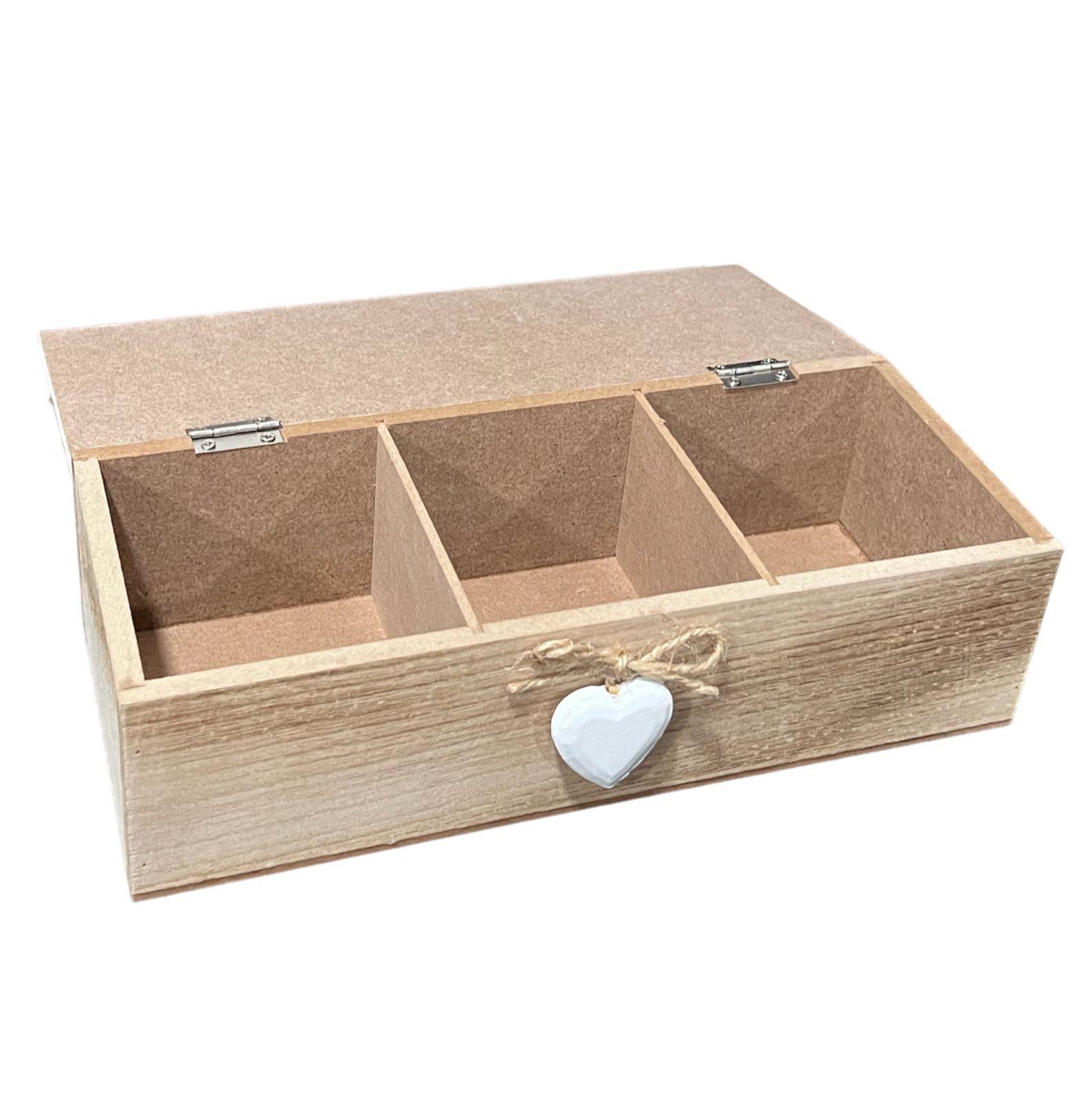 Caja De Té Mediana De Madera 3 Espacios Con Corazon Tea M-1