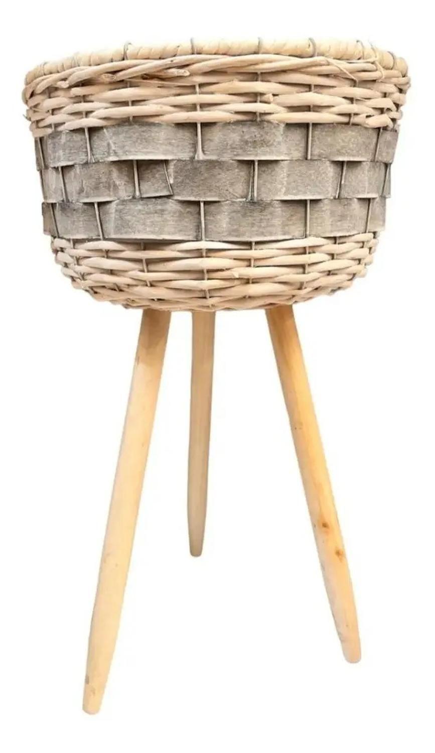 Macetero Tejido Fibras Y Madera Rustico Porta Maceta Bambu G Beige Fibra-3