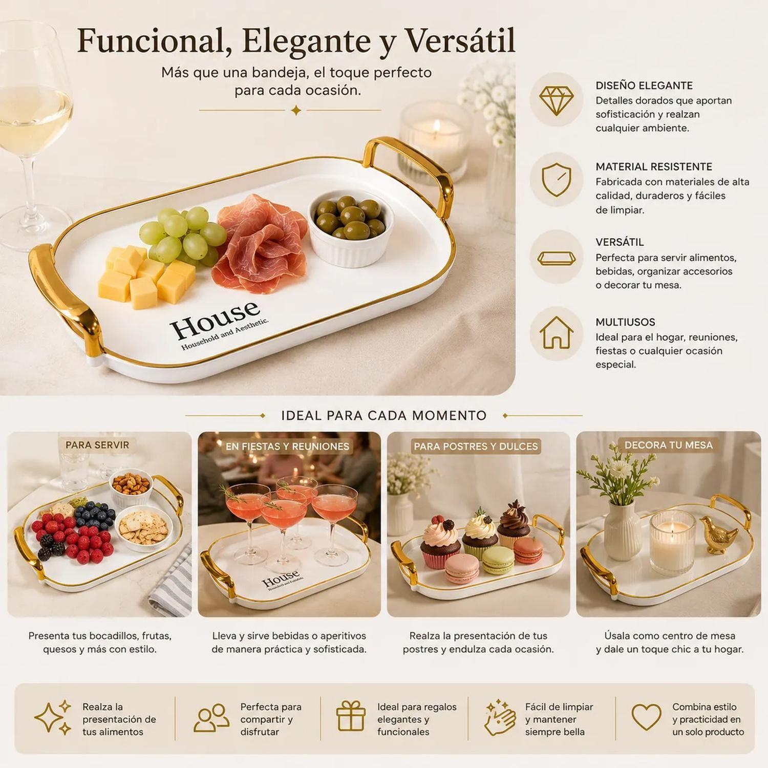 Bandeja Elegante Servir Con Dorado Decorativa Ovalada Grande Ovalada-2