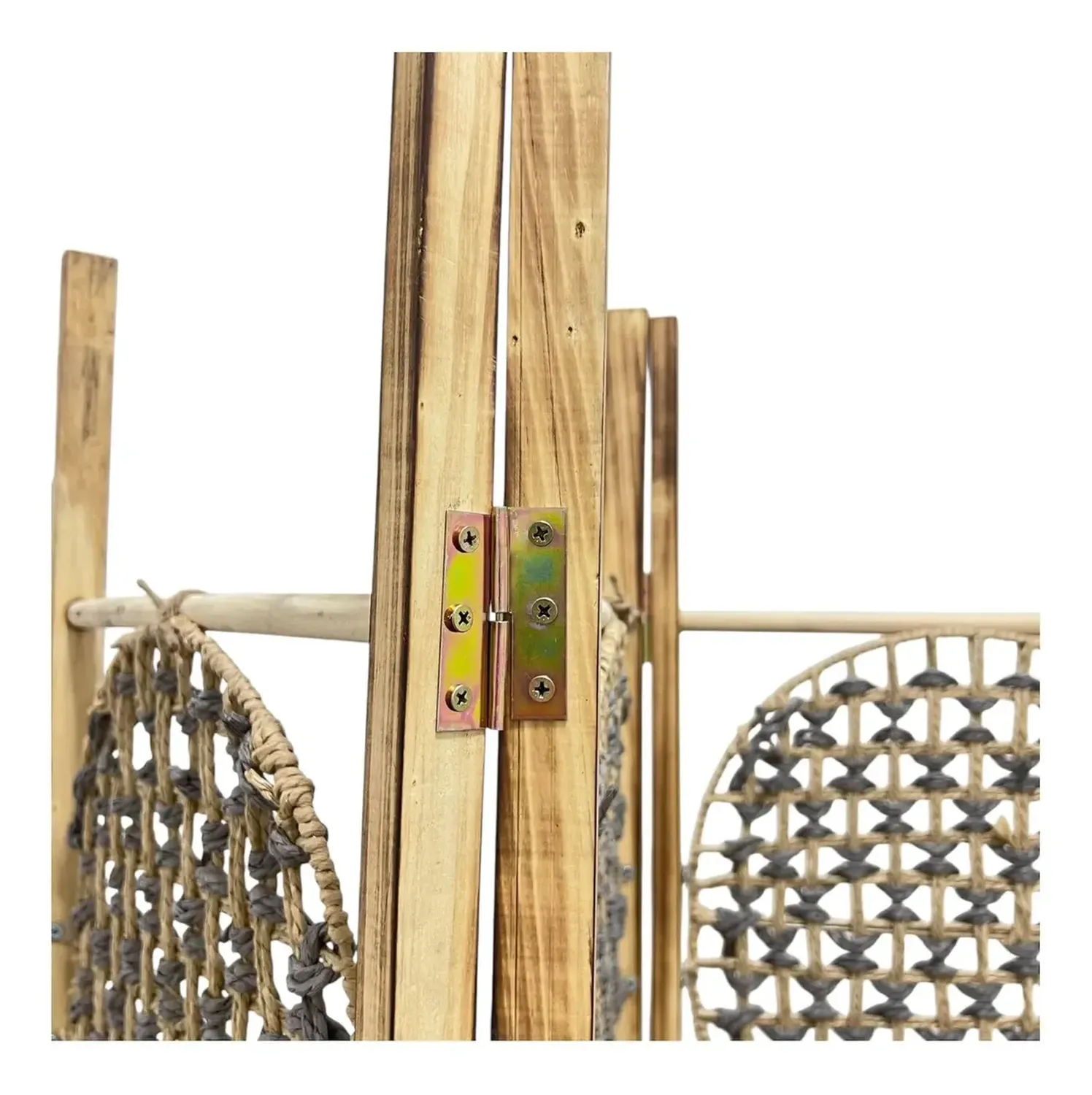 Biombo De Madera Resistente 3 Paneles Tejido 123x170cm Hoja Beige-3