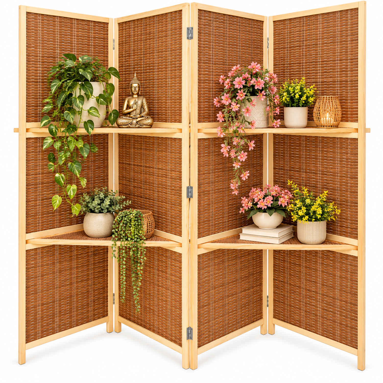 Biombo Resistente 4 Paneles Bambu Tejido 160cmx170cm Bambú Marrón-2