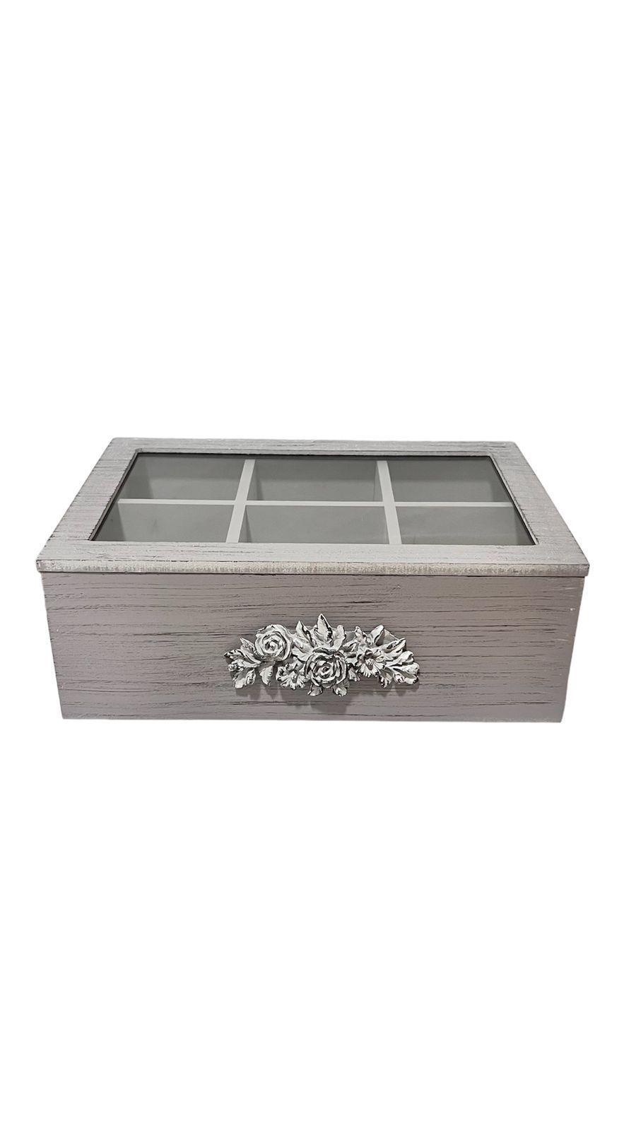 Caja De Té Mediana De Madera 6 Espacios Con Diseños Flores M-0