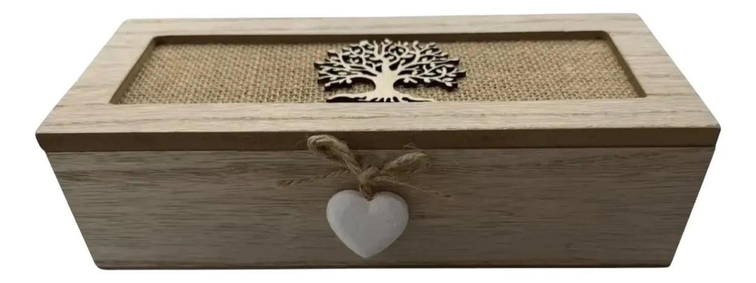 Caja De Té Mediana De Madera 3 Espacios Arbol Madera Beige-1