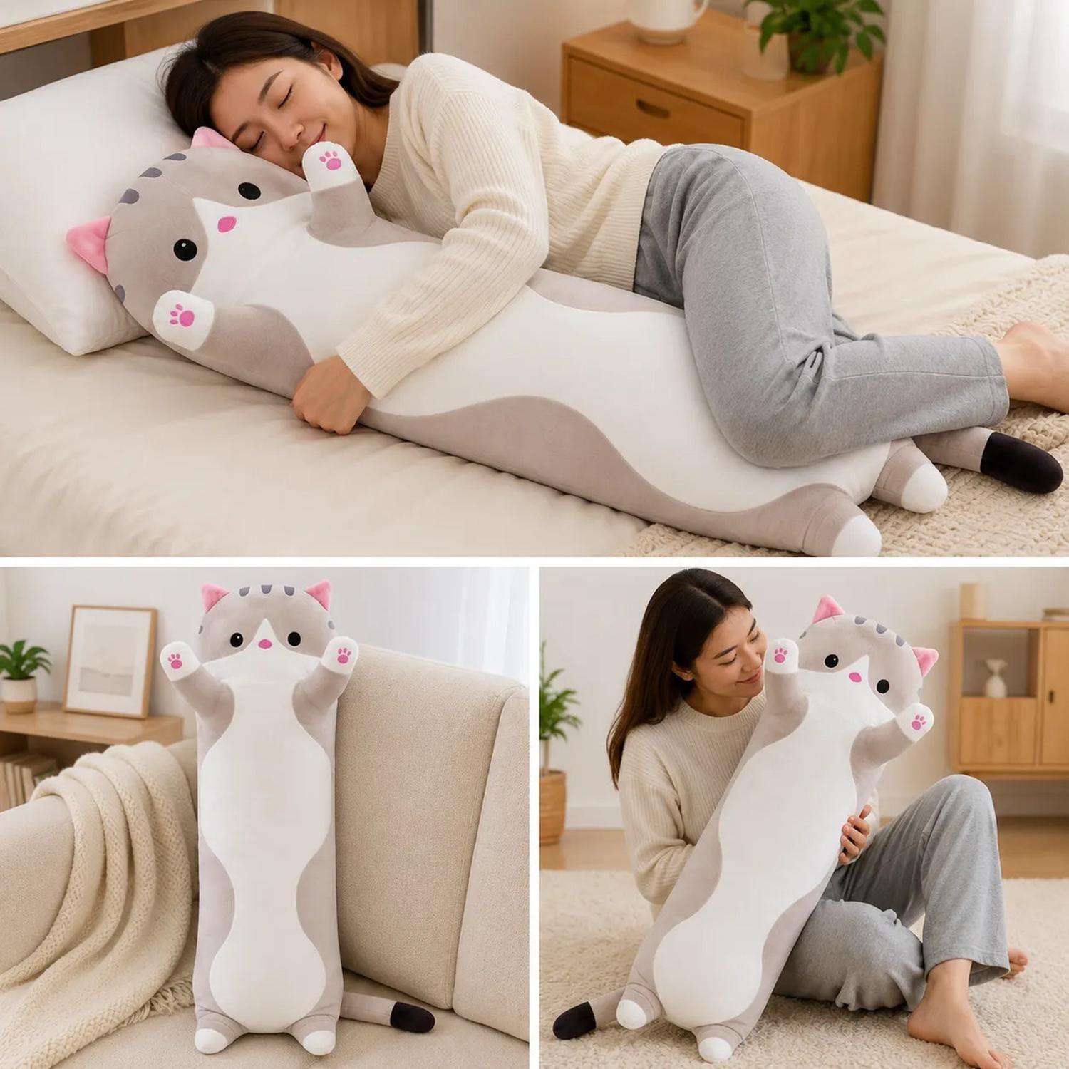 Peluche Almohada Alargado De Gato Para Niños Y Adultos-2