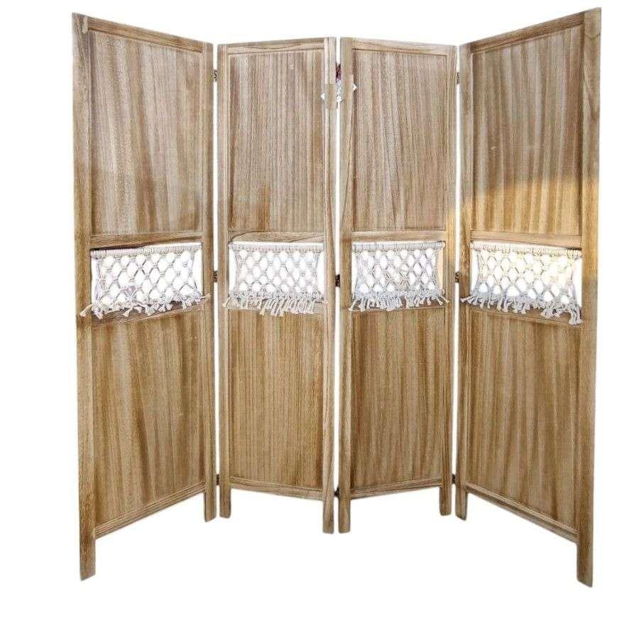 Biombo De Madera Resistente 4 Paneles Tejido Tela 40x170cm-0