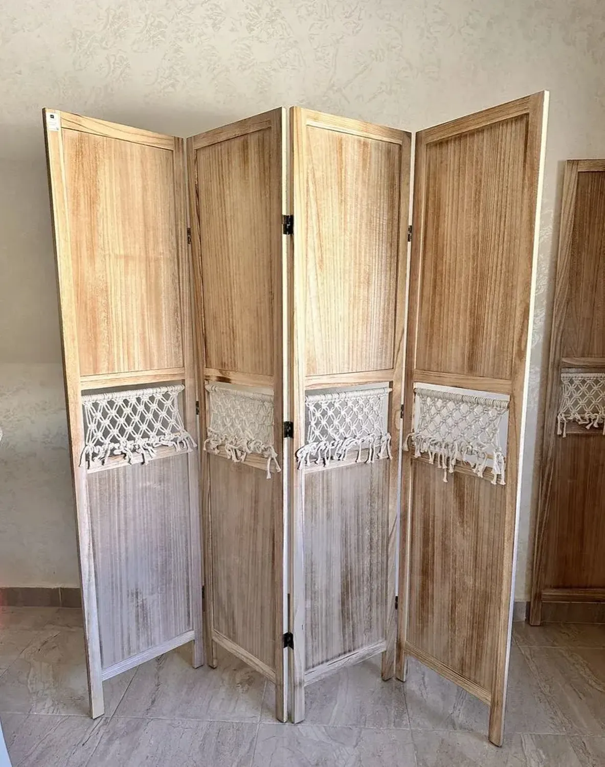 Biombo De Madera Resistente 4 Paneles Tejido Tela 40x170cm Lisa Beige-2