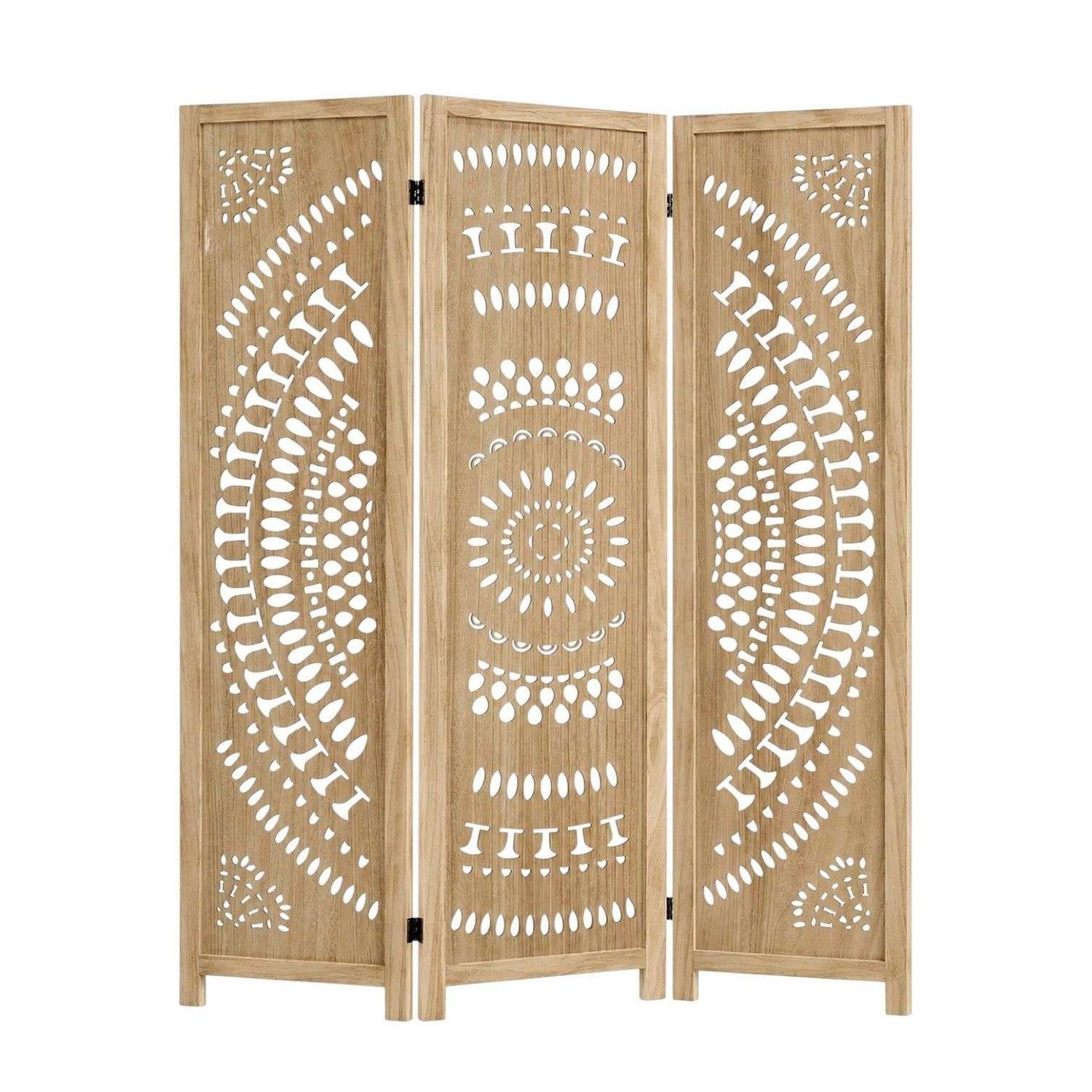 Biombo De Madera 3 Paneles Tallado Círculos 170x35cm-0
