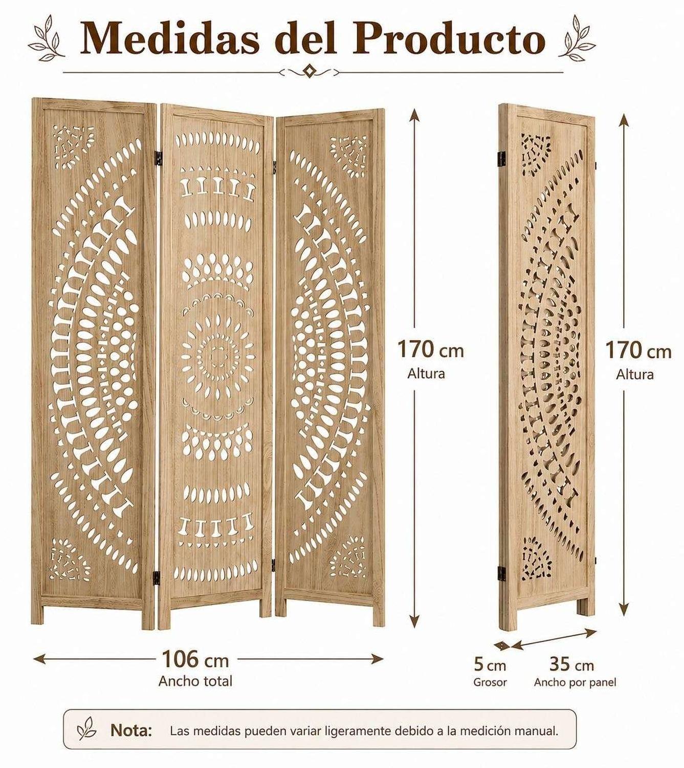 Biombo De Madera 3 Paneles Tallado Círculos 170x35cm-2