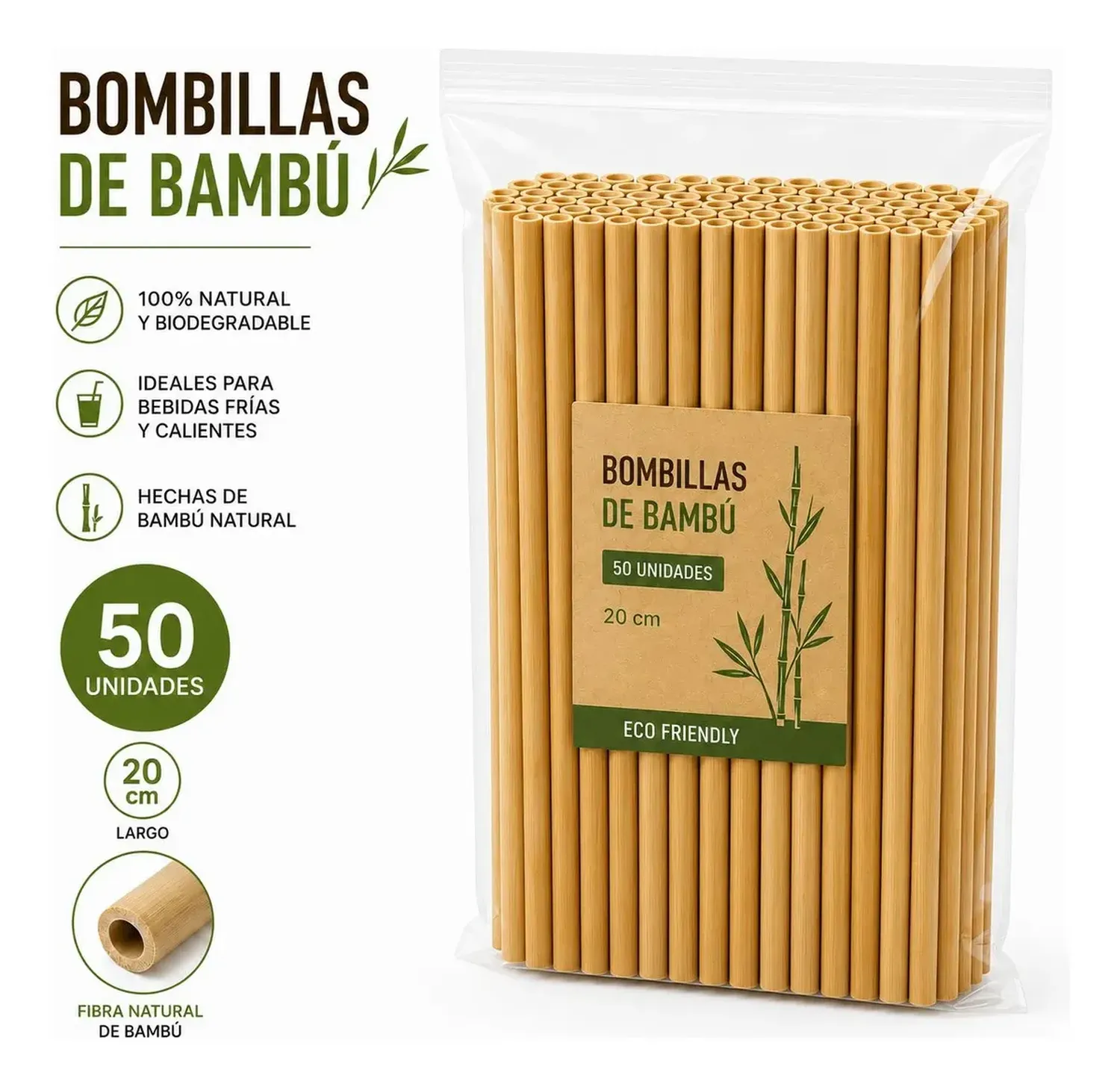 Pack 50 Bombillas De Bambu Beige Reutilizables 20cm Beige-1
