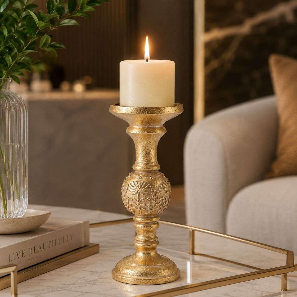 Porta Vela Candelabro Decorativo Elegante Dorado Flor 25cm-2