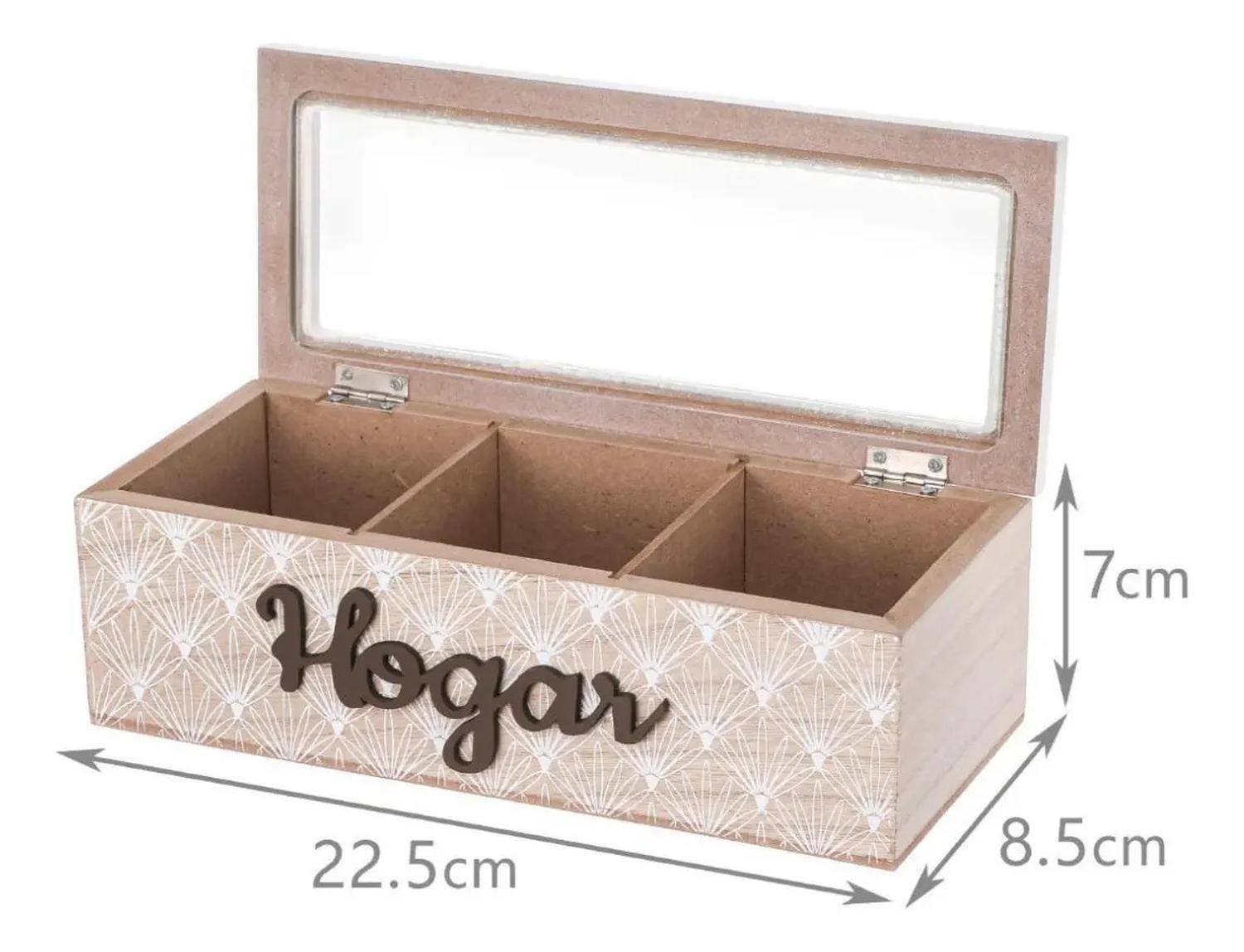 Caja De Té Mediana De Madera 3 Espacios Con Diseño Hogar Beige-2