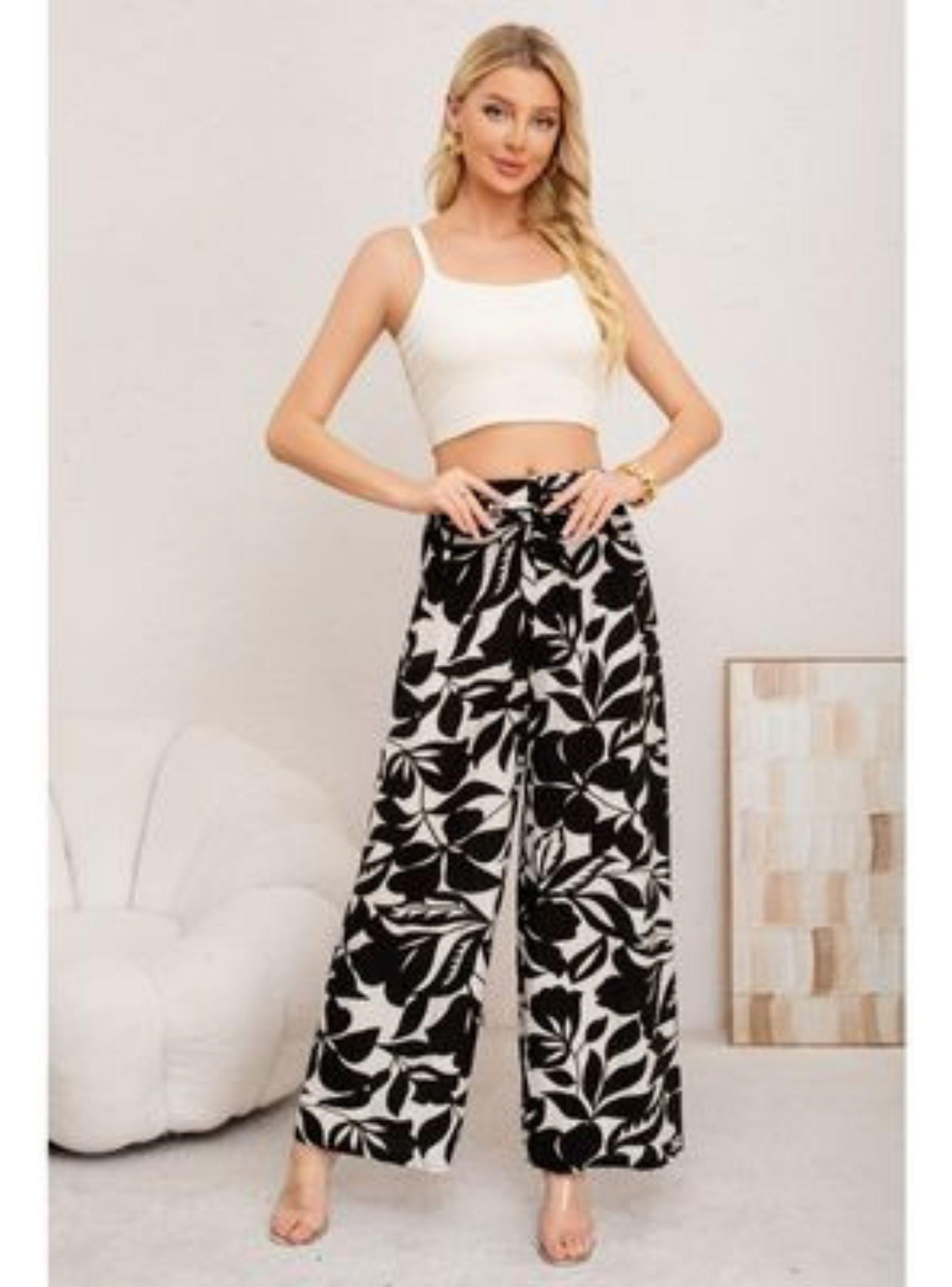 Pantalon Mujer Palazzo Floreado Tipo Lino Pretina Alta Elasticado 3008-2