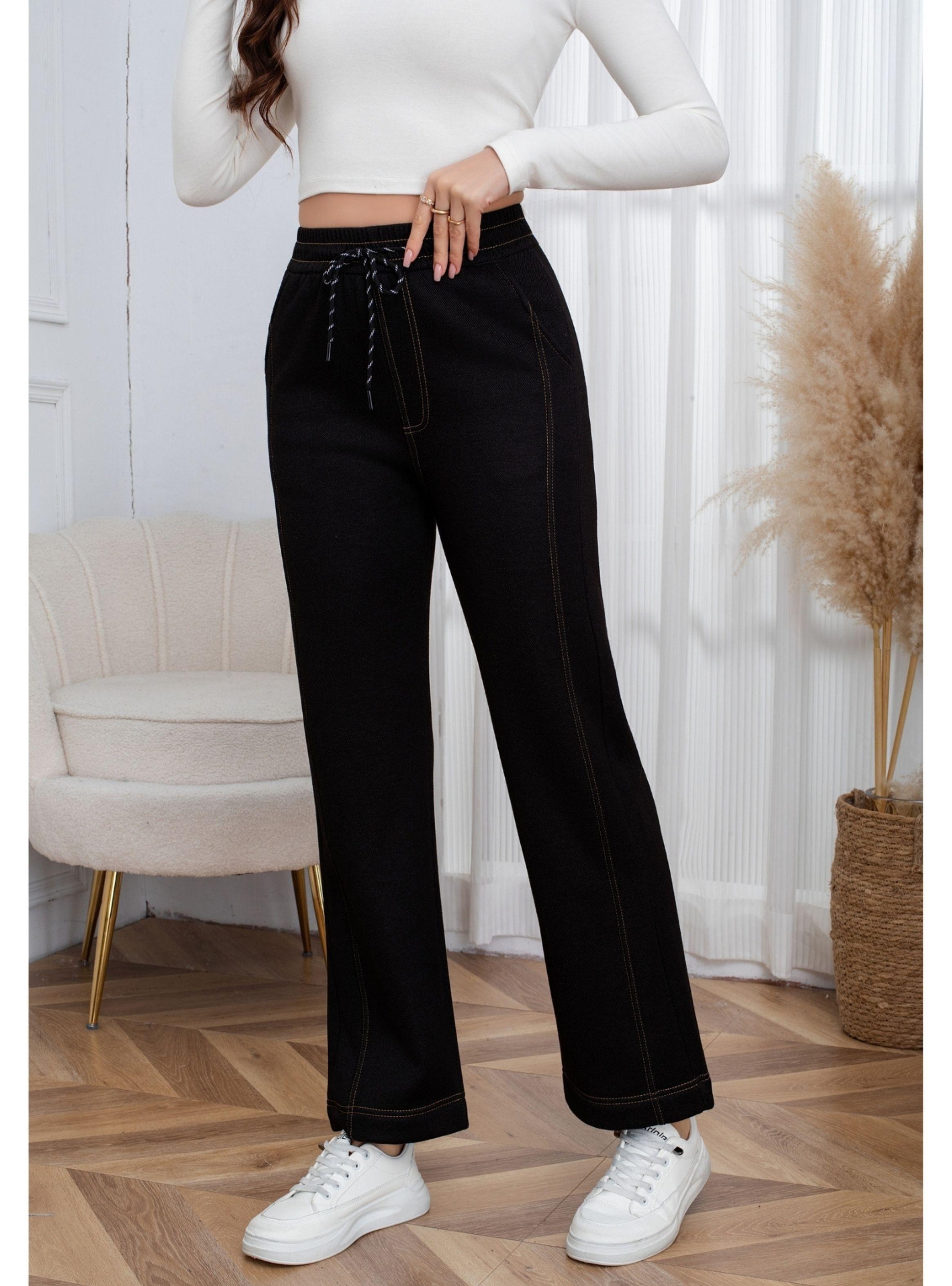 Pantalón Mujer Ancho Líneas Tipo Jeans Invierno Forro Piel Mezclilla 7001-2