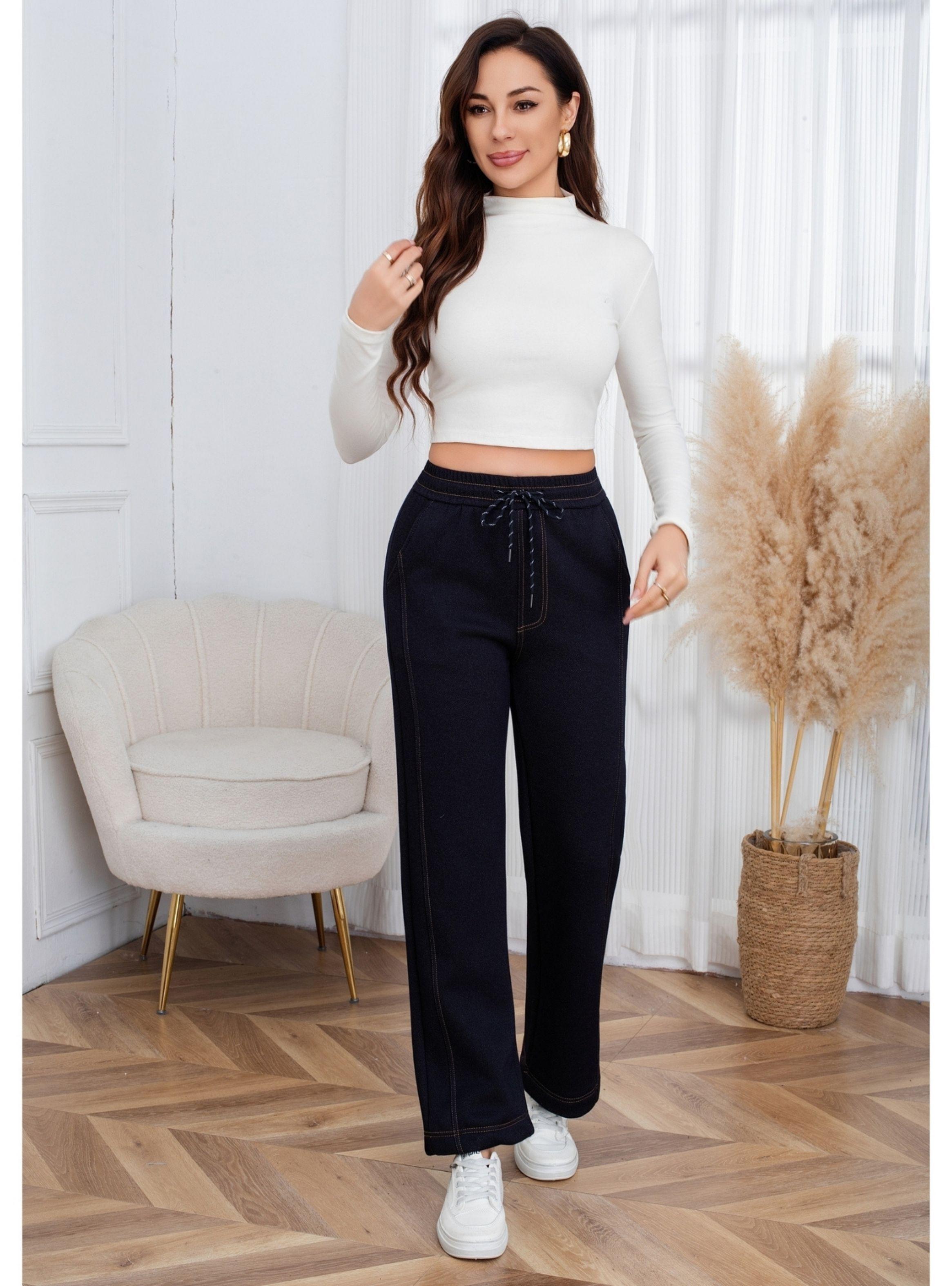 Pantalón Mujer Ancho Líneas Tipo Jeans Invierno Forro Piel Mezclilla 7001-0