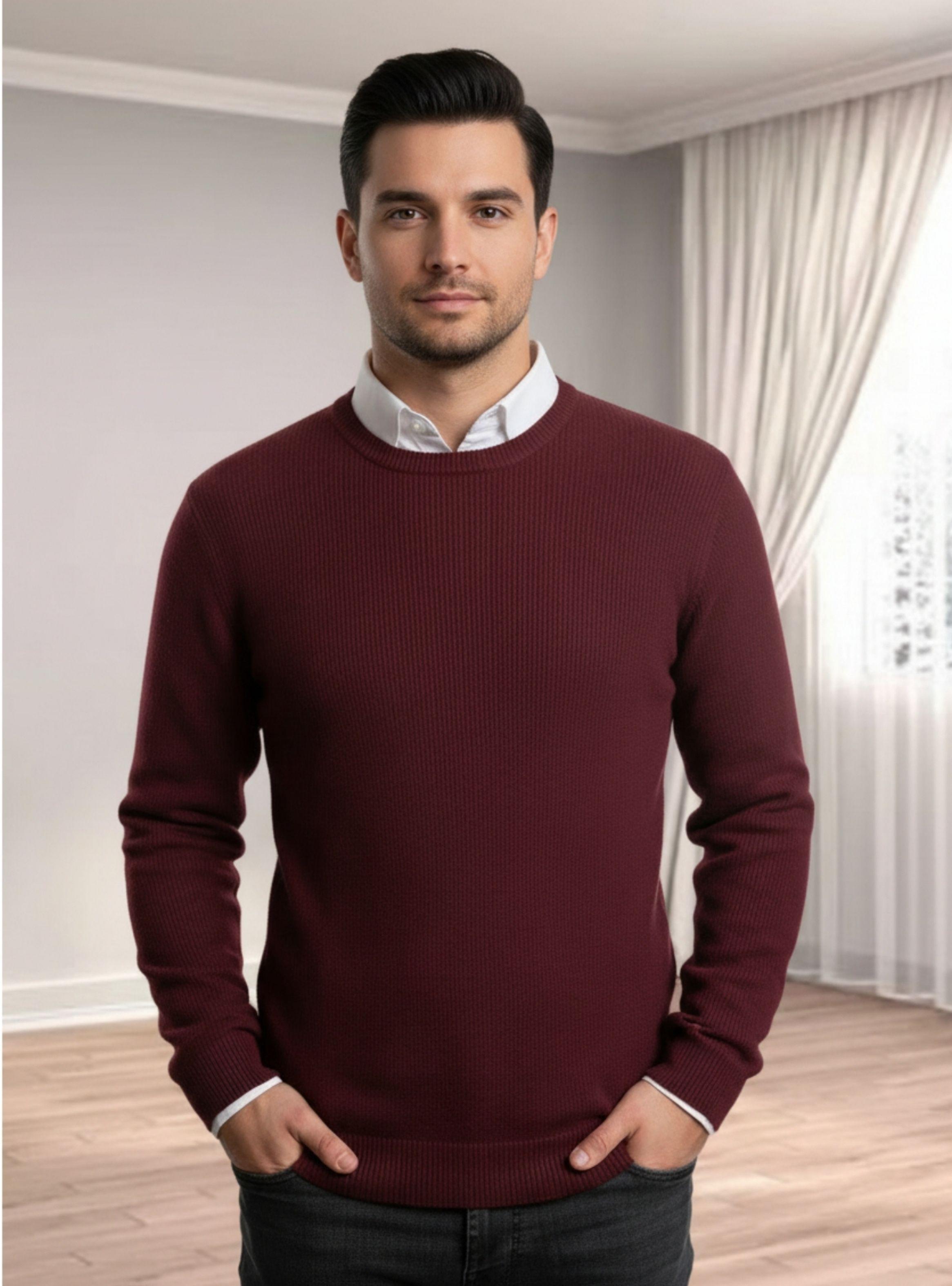 Sweater Hombre Algodon Tejido Hilo Cuello Redondo Liso Tendencia 7250-0