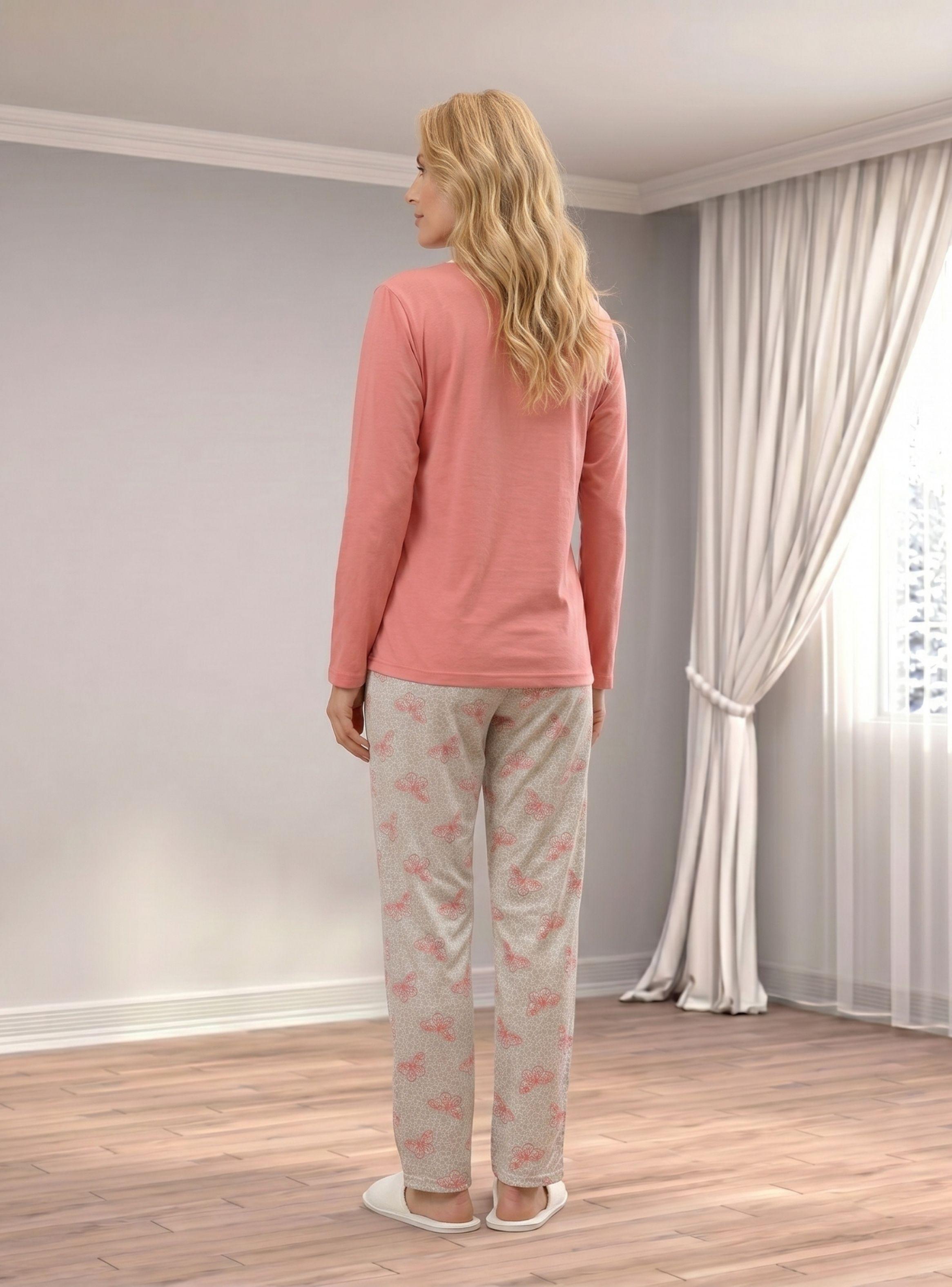 Pijama Mujer Verano Manga Larga Y Pantalón Diseño Mariposa 0462-1