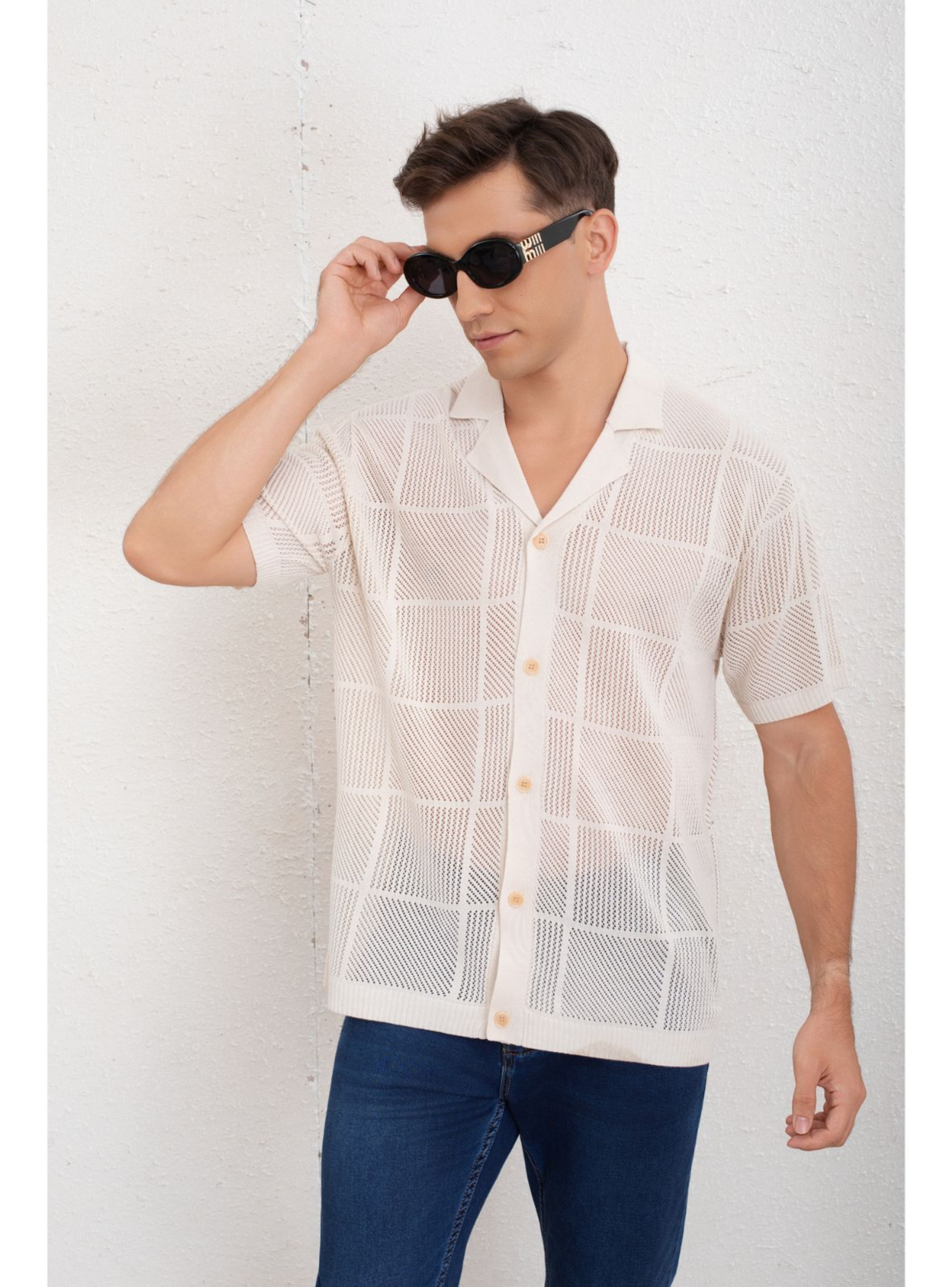 Camisa Hombre Manga Corta Hilo Tejida Algodon Calidad Premium 7224-2