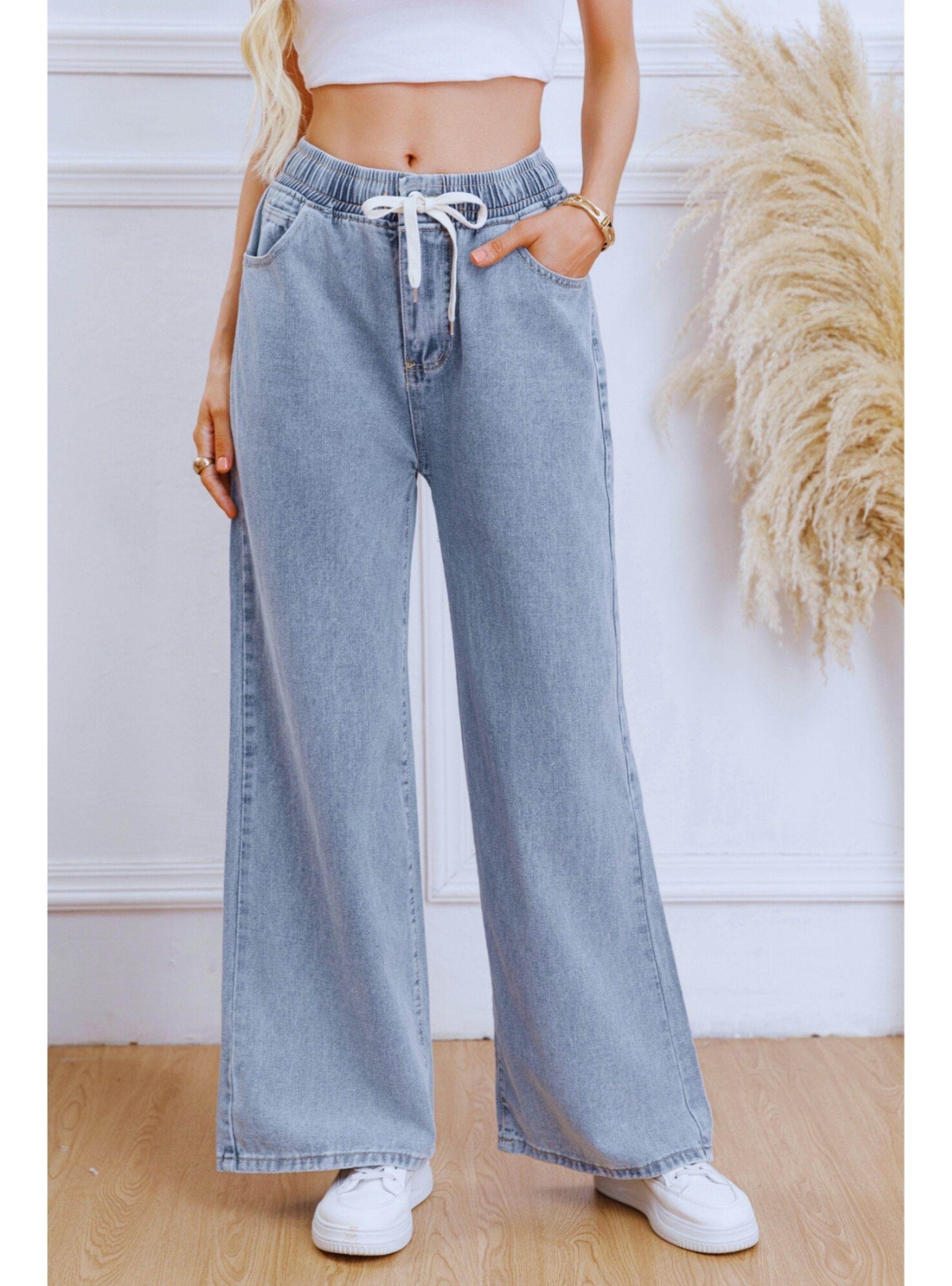 Pantalón Jeans Mujer Wide Leg Tiro Alto Elasticado con Cordón 1007-2