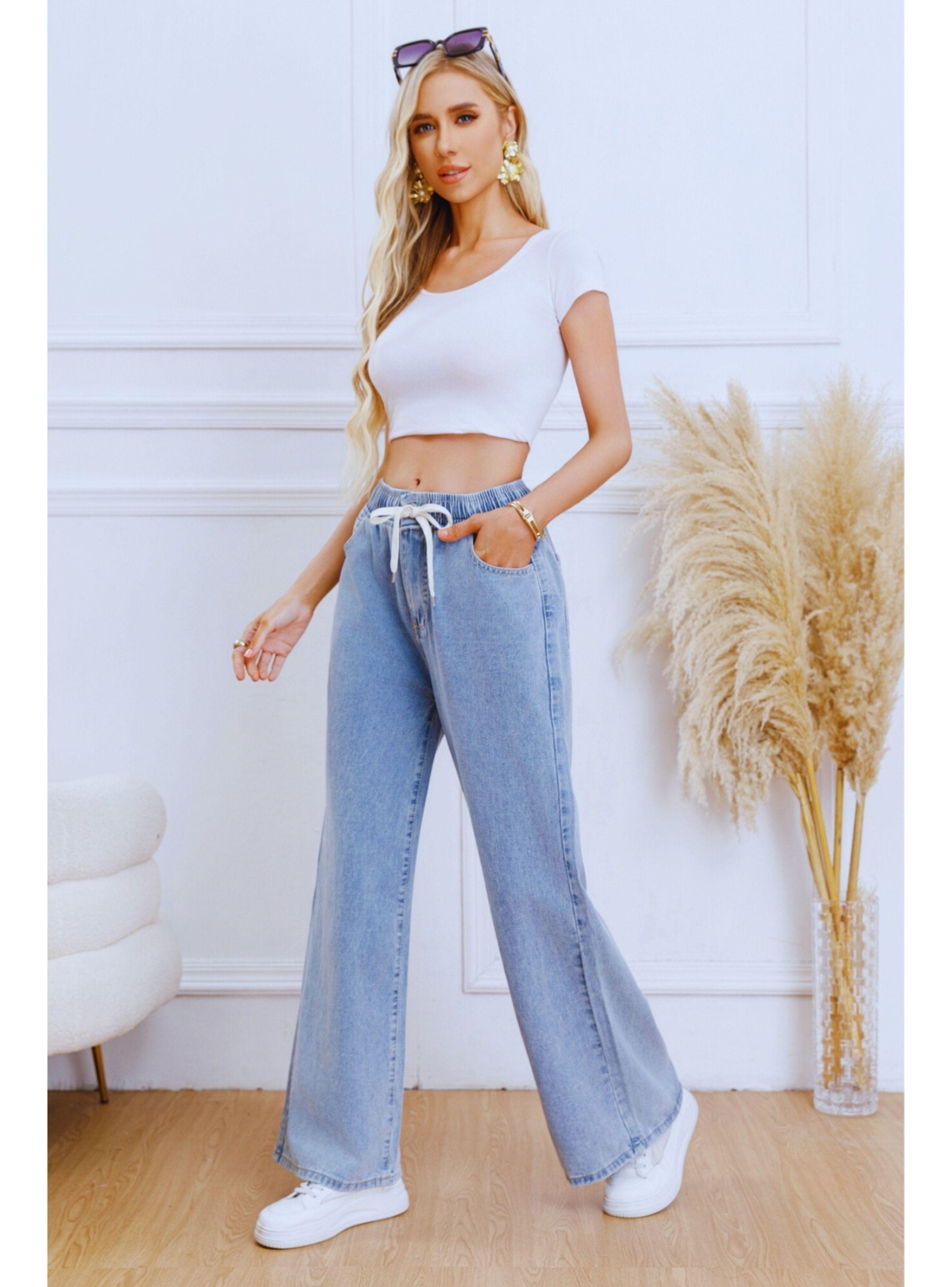 Pantalón Jeans Mujer Wide Leg Tiro Alto Elasticado con Cordón 1007-3