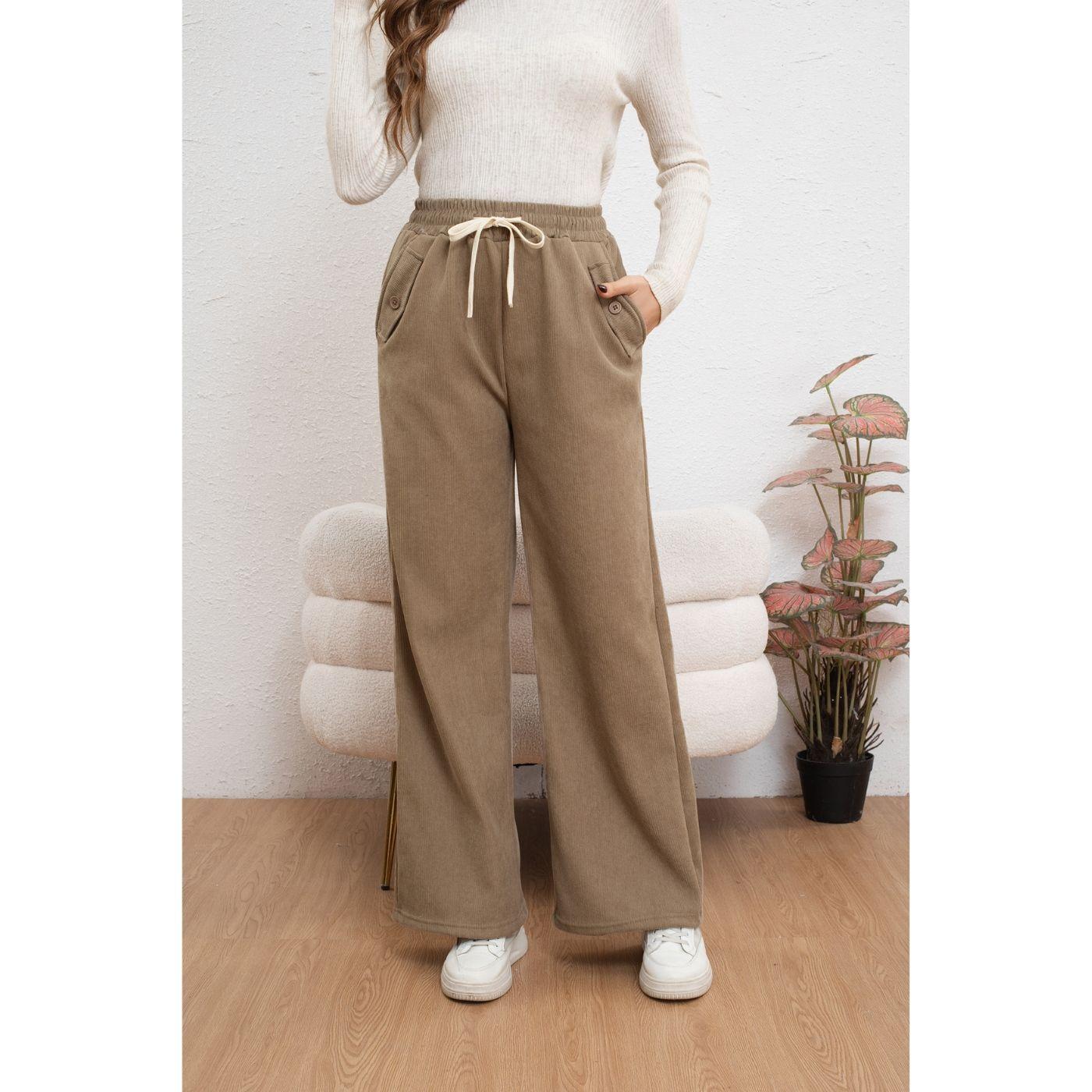 Pantalón Mujer Bolsillo Botones Pierna Ancha Wide Leg Cotele 7130-1