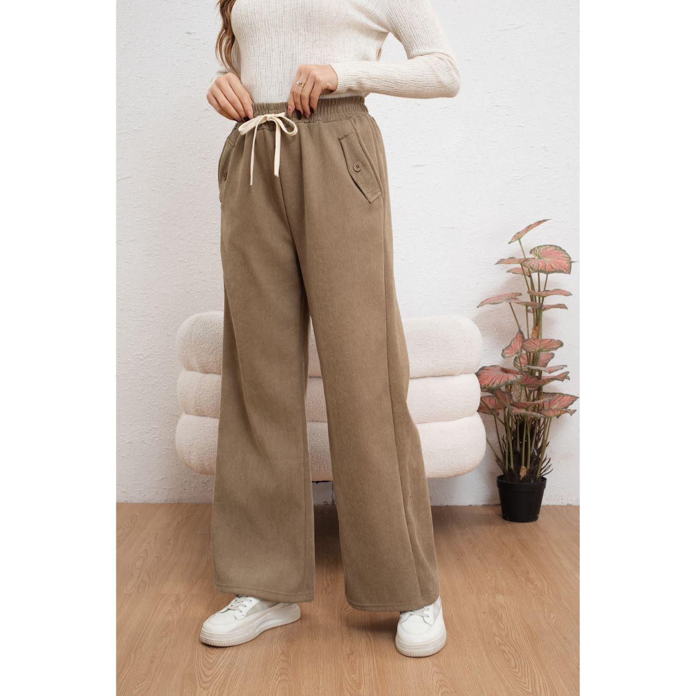 Pantalón Mujer Bolsillo Botones Pierna Ancha Wide Leg Cotele 7130-2