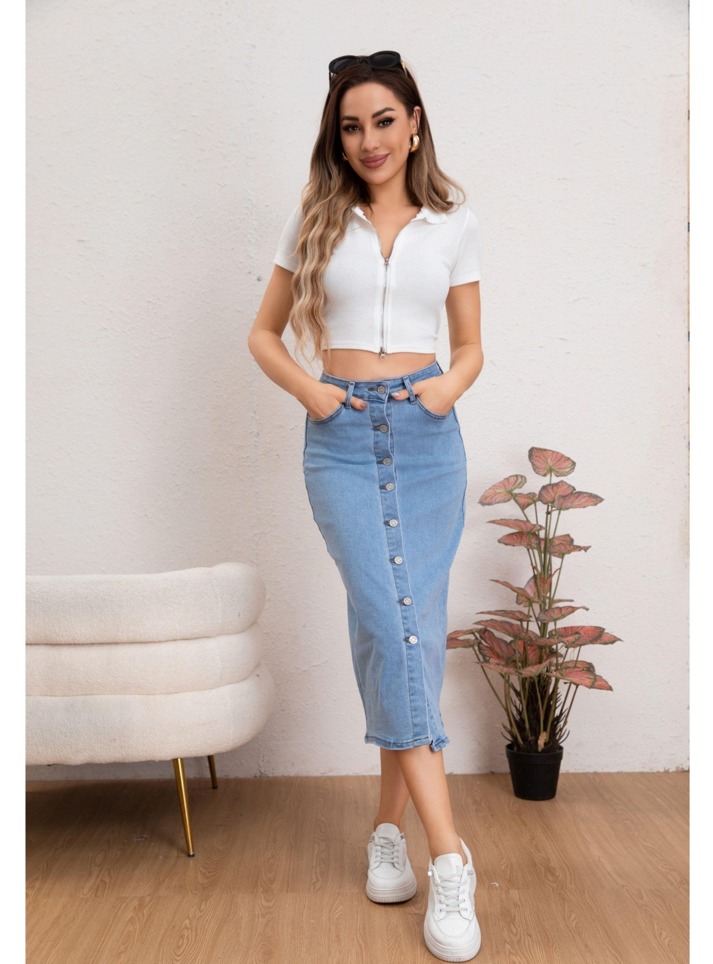 Falda Tubo Larga Mujer Tiro Alto Jeans Elasticada Botones 6008-0